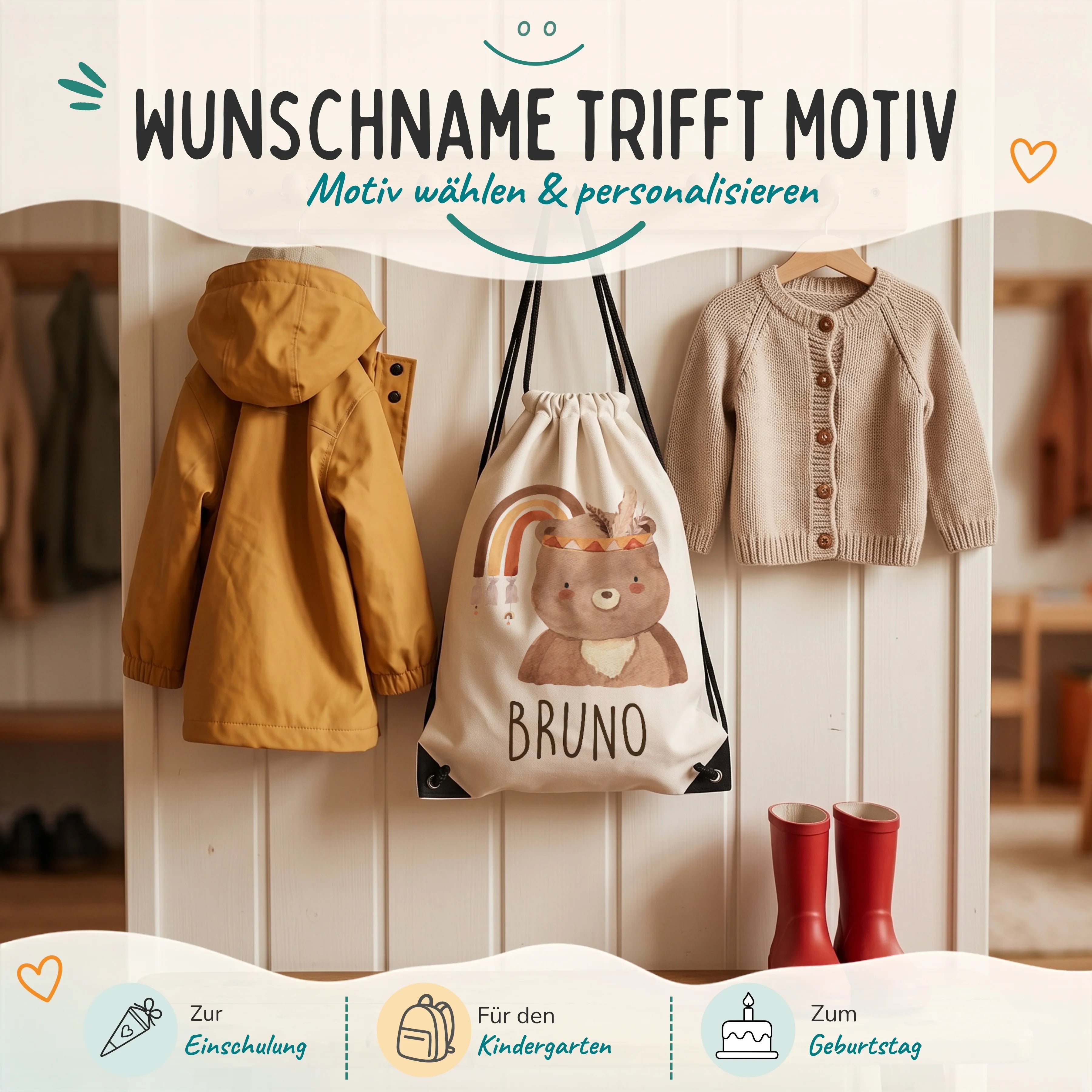 Personalisierter Turnbeutel BĂ€r mit Regenbogen, Geschenk zur Einschulung, zum Kindergarten und zum Geburtstag