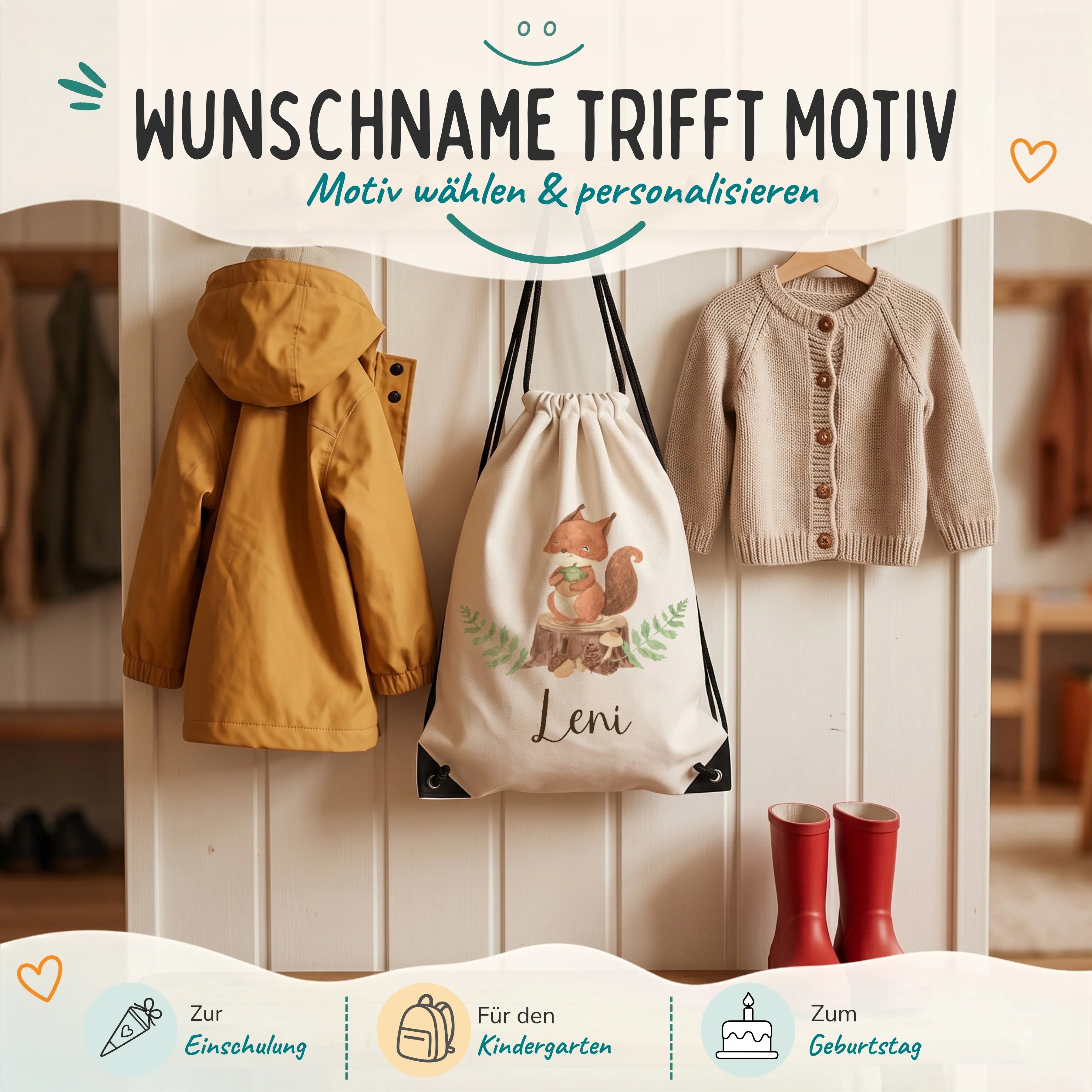 Personalisierter Turnbeutel Eichhörnchen, Geschenk zur Einschulung, zum Kindergarten und zum Geburtstag