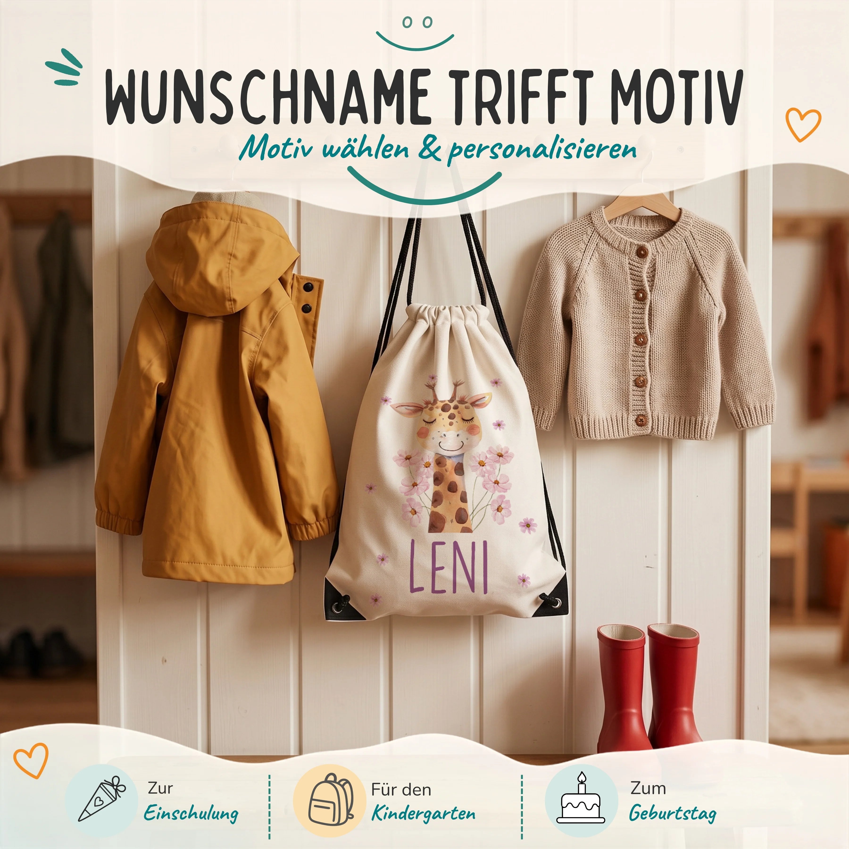 Personalisierter Turnbeutel Giraffe, Geschenk zur Einschulung, zum Kindergarten und zum Geburtstag