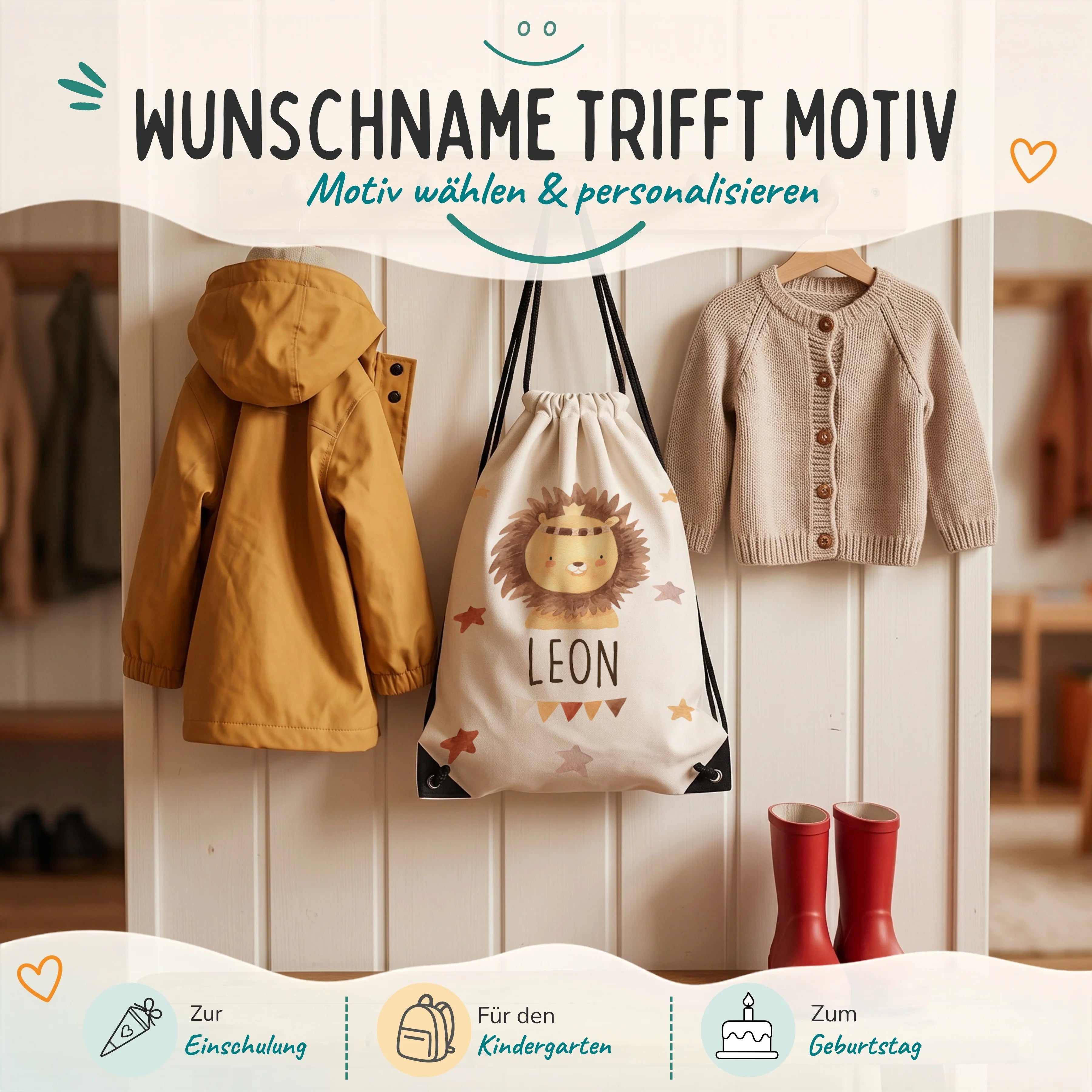 Personalisierter Turnbeutel Löwe mit Kranz, Geschenk zur Einschulung, zum Kindergarten und zum Geburtstag