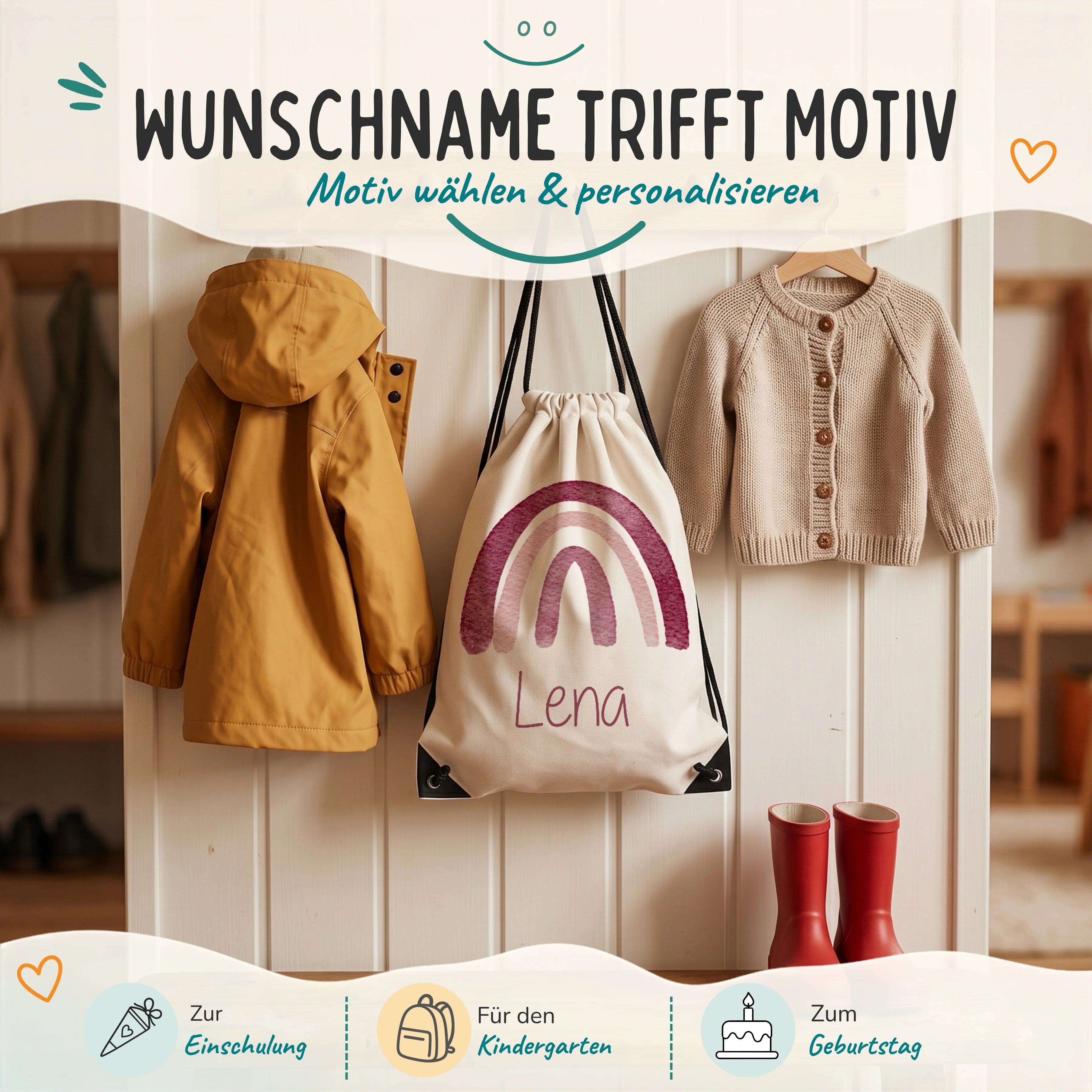 Personalisierter Turnbeutel Regenbogen, Geschenk zur Einschulung, zum Kindergarten und zum Geburtstag