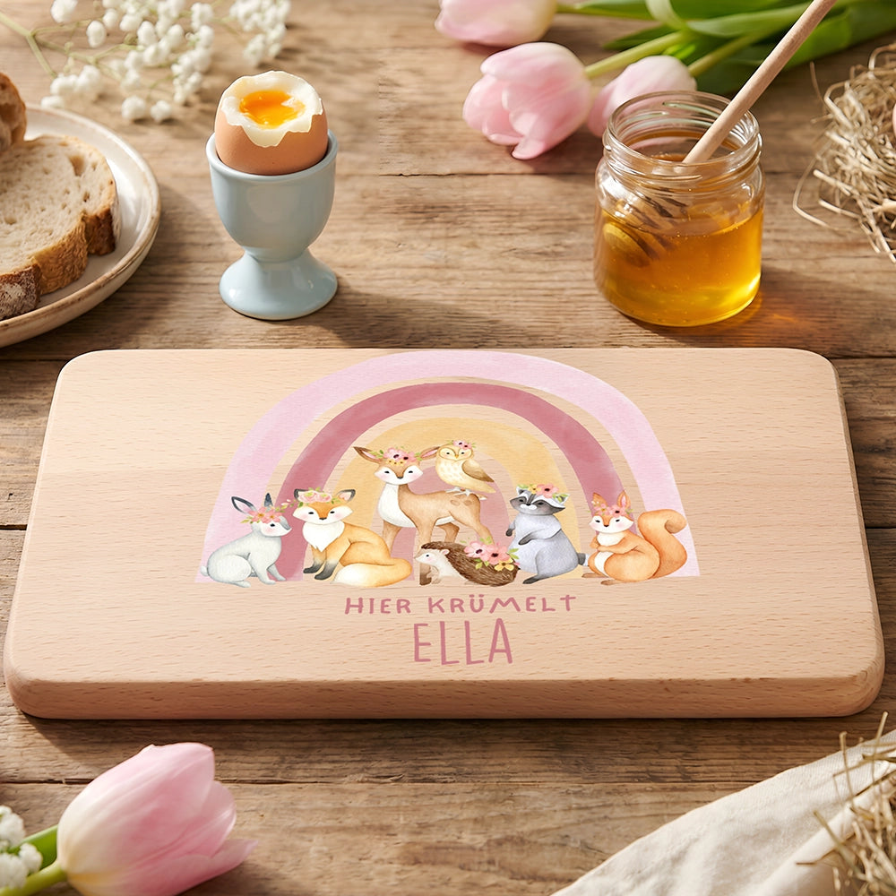Frühstücksbrettchen Holz personalisiert - Regenbogen Waldtiere