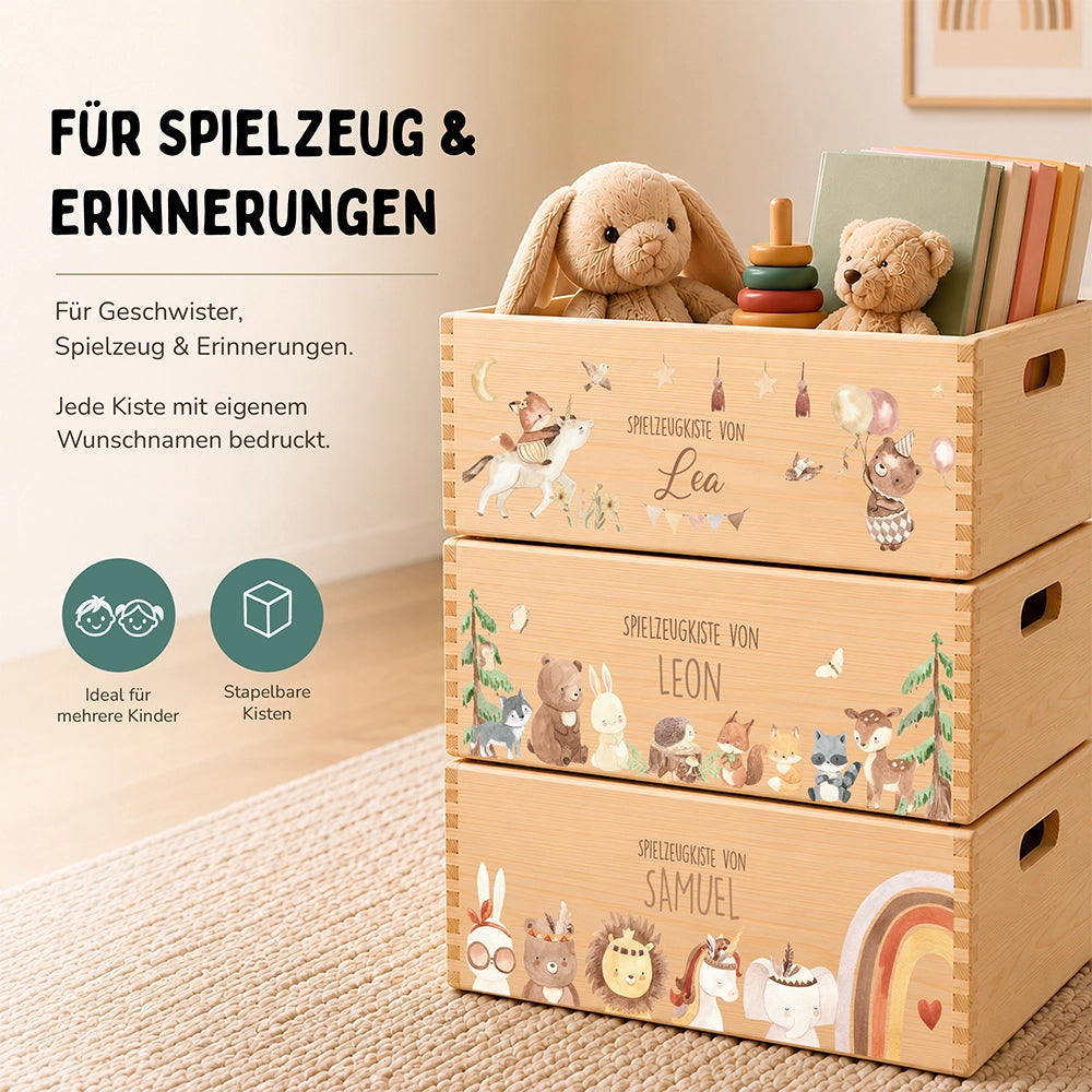 Spielzeugkiste personalisiert mit Namen - Regenbogen Fantasiewelt