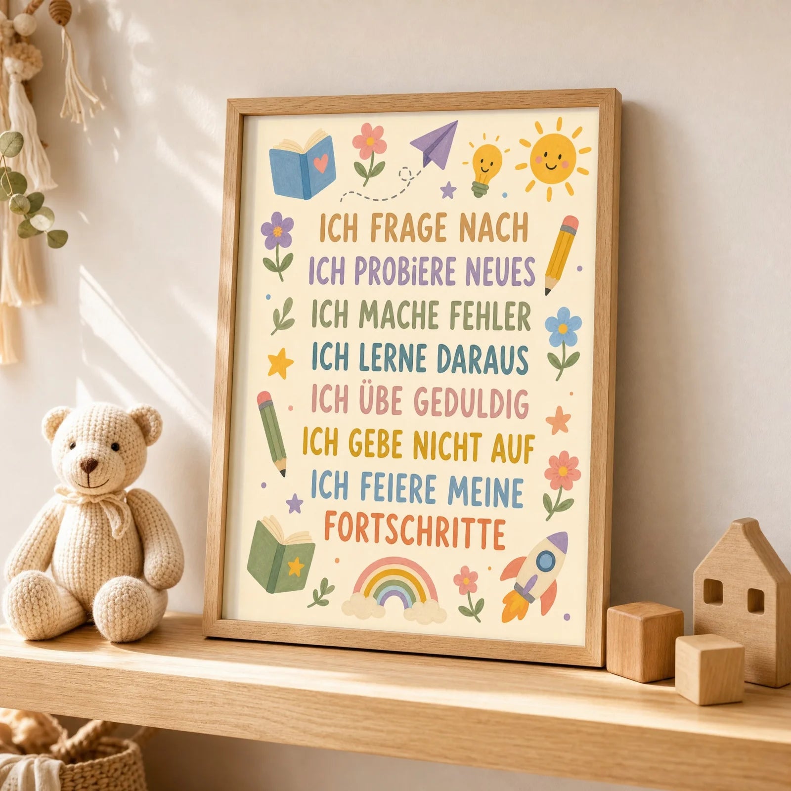 Affirmationsposter Kinderzimmer Blumenwiese Ich frage nach, als Wandbild ĂŒber der Spielecke