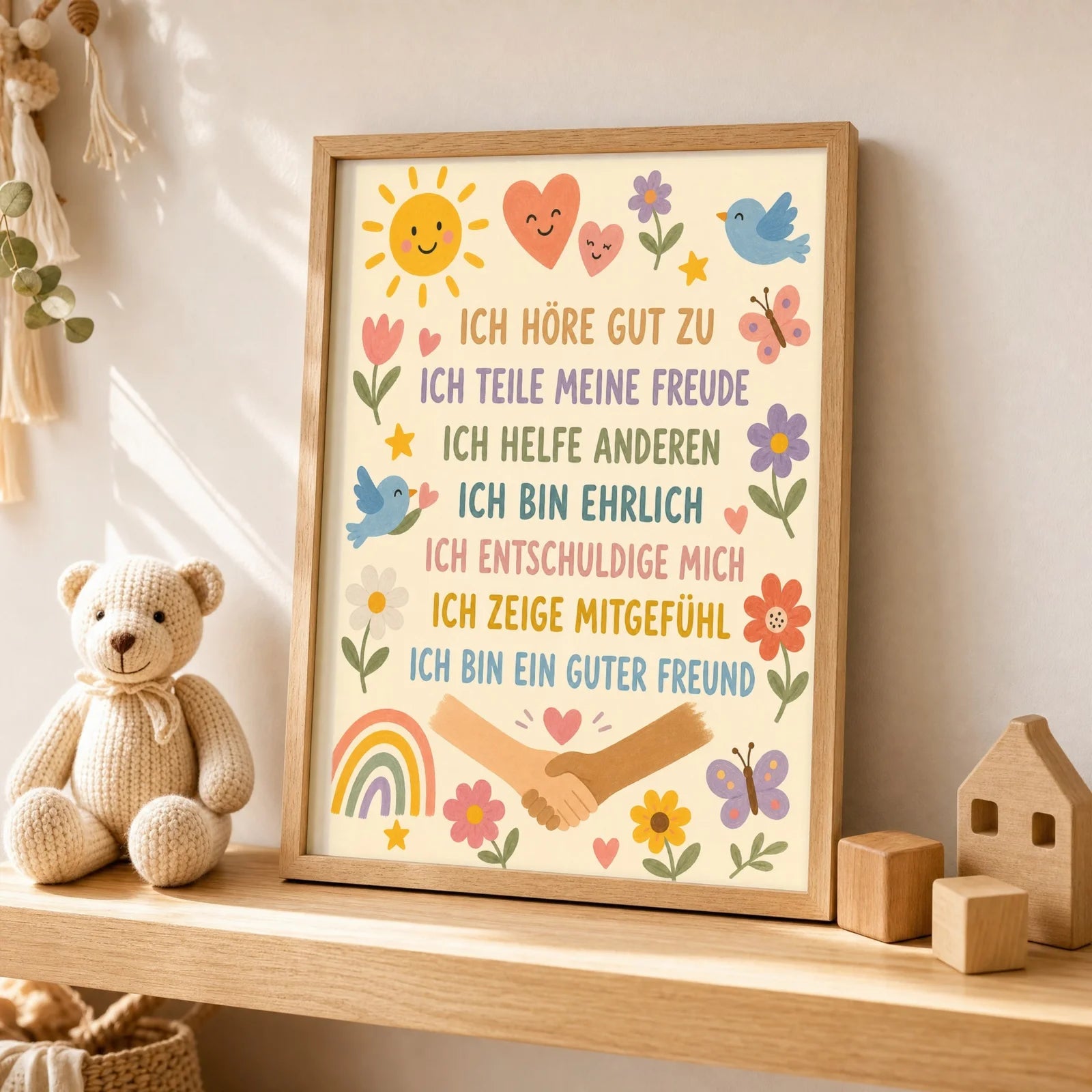 Affirmationsposter Kinderzimmer Blumenwiese Ich höre zu, als Wandbild ĂŒber der Spielecke
