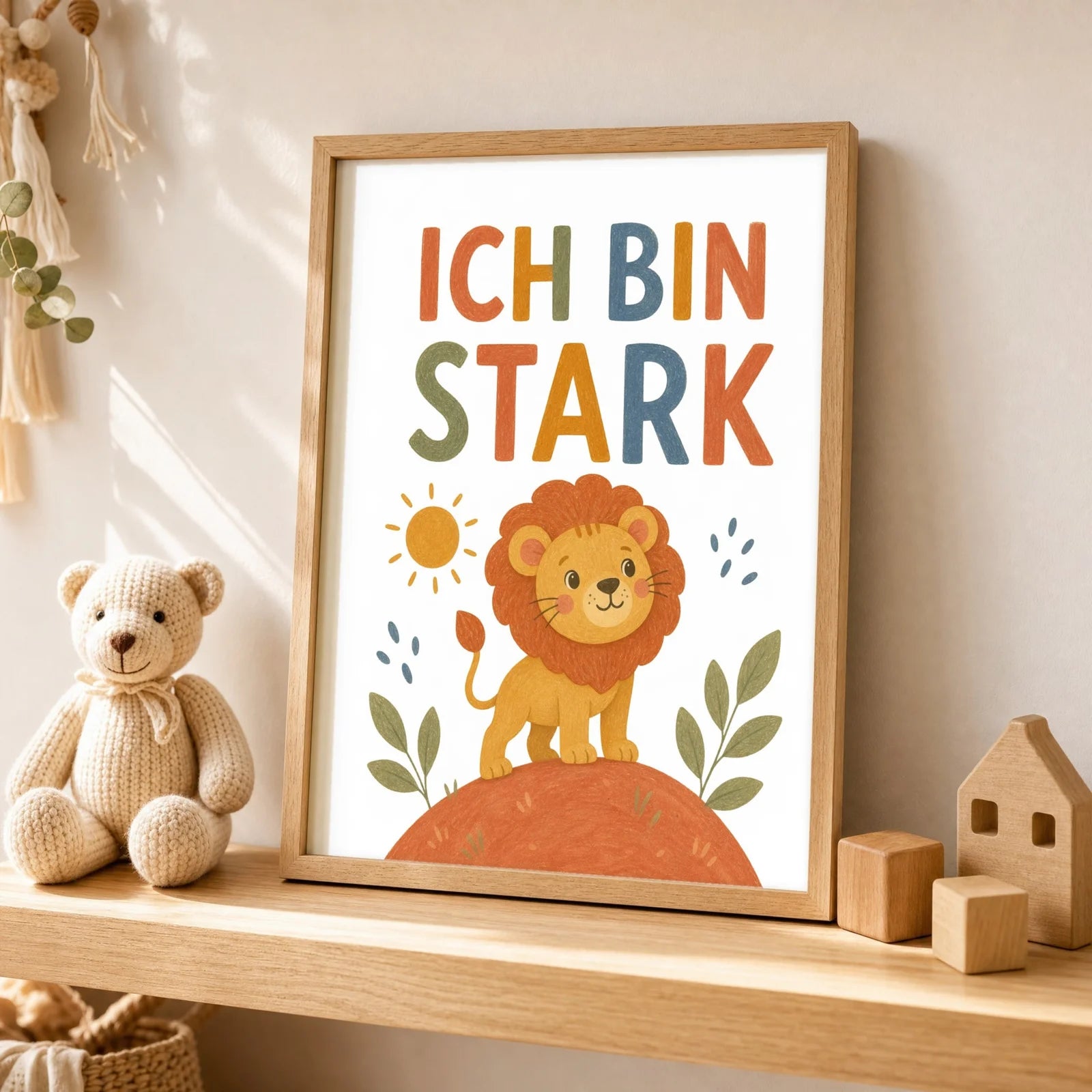 Affirmationsposter Kinderzimmer Löwe Ich bin stark, als Wandbild ĂŒber der Spielecke