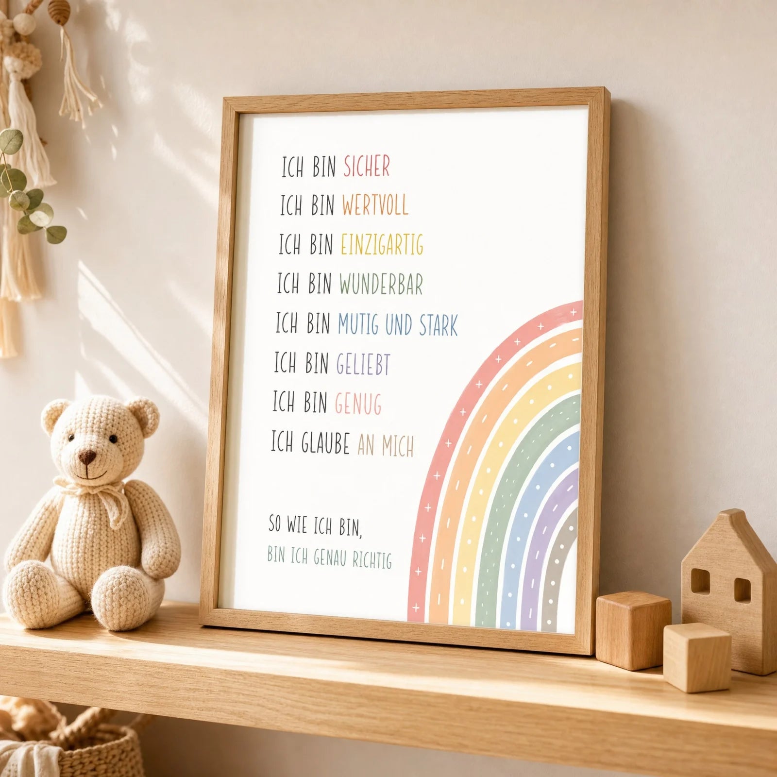 Affirmationsposter Kinderzimmer Minimal Ich bin, als Wandbild ĂŒber der Spielecke