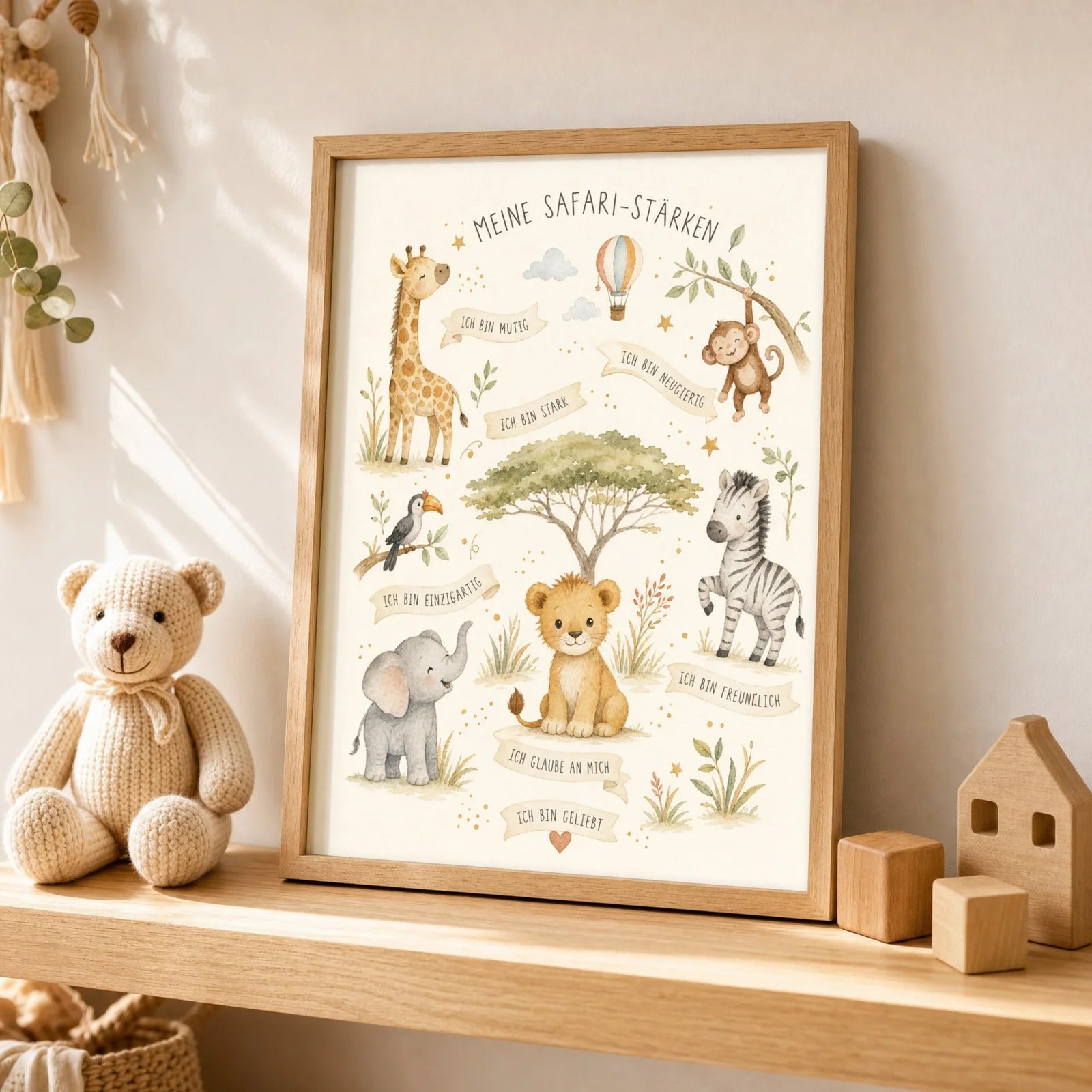 Affirmationsposter Kinderzimmer Safari-StĂ€rken, als Wandbild ĂŒber der Spielecke