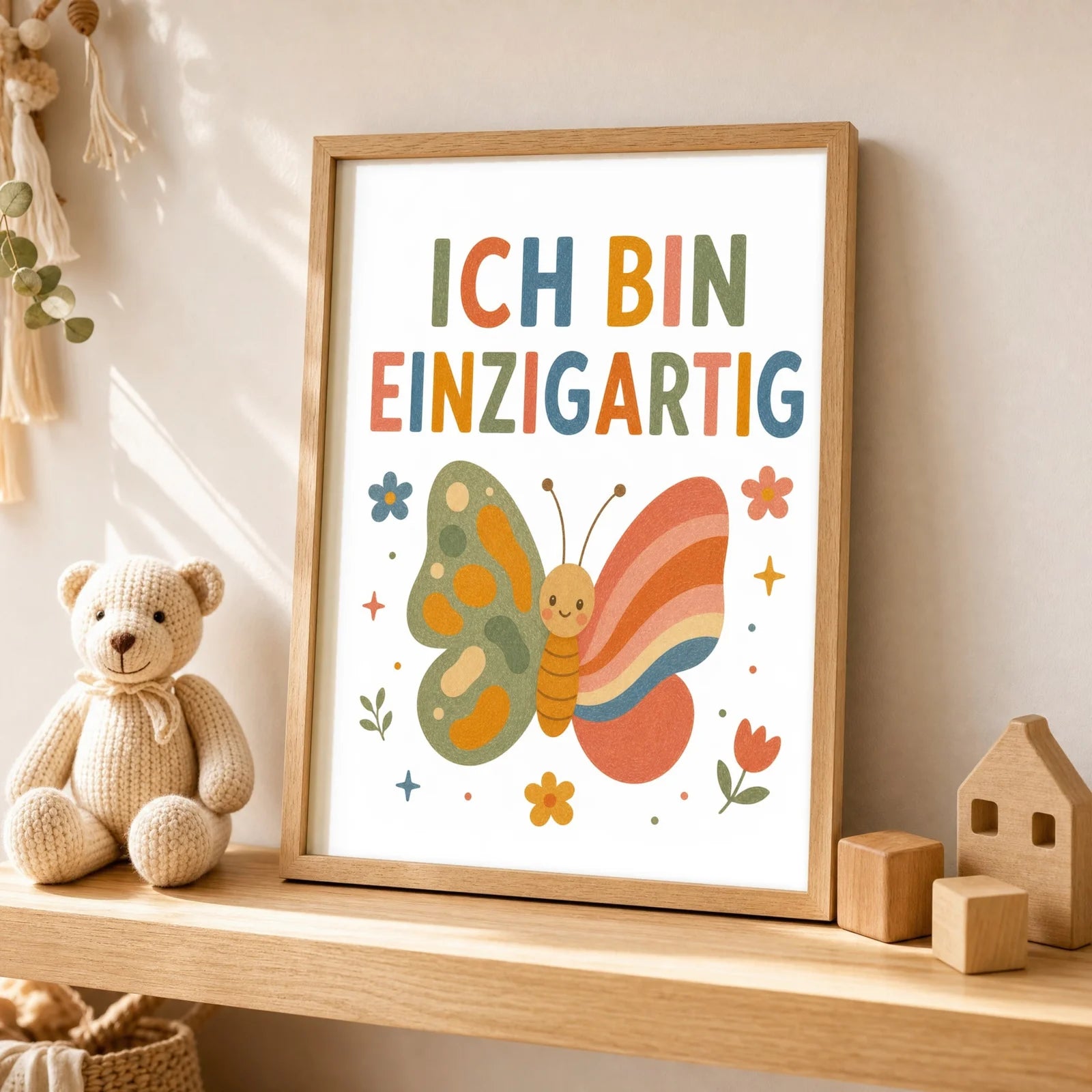 Affirmationsposter Kinderzimmer Schmetterling Ich bin ich, als Wandbild über der Spielecke