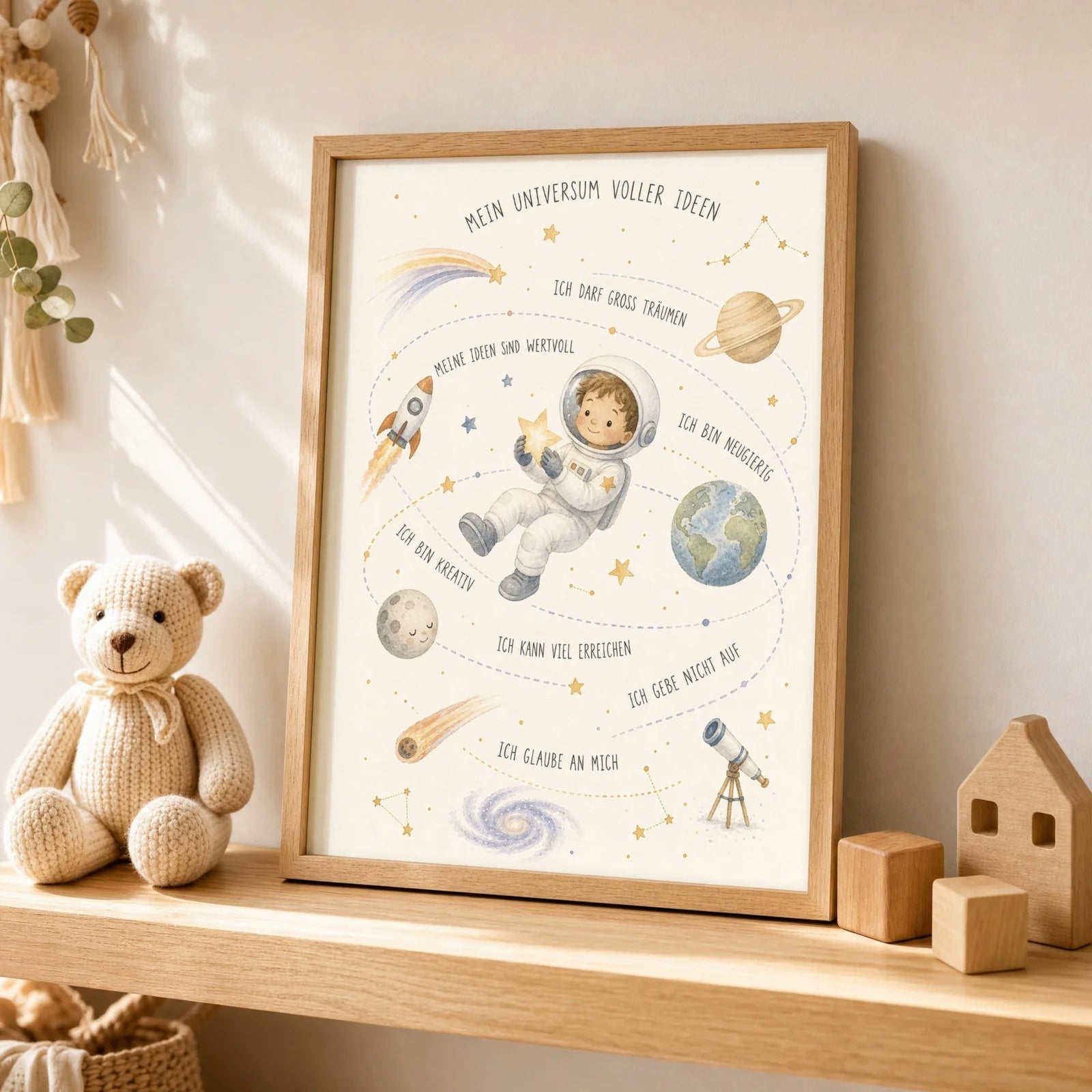 Affirmationsposter Kinderzimmer Universum voller Ideen, als Wandbild ĂŒber der Spielecke