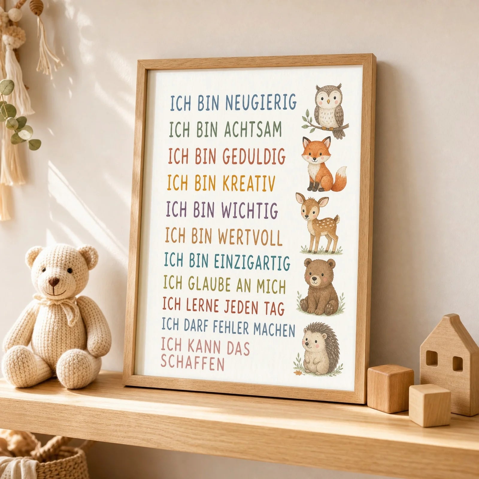 Affirmationsposter Kinderzimmer Waldtiere, als Wandbild ĂŒber der Spielecke