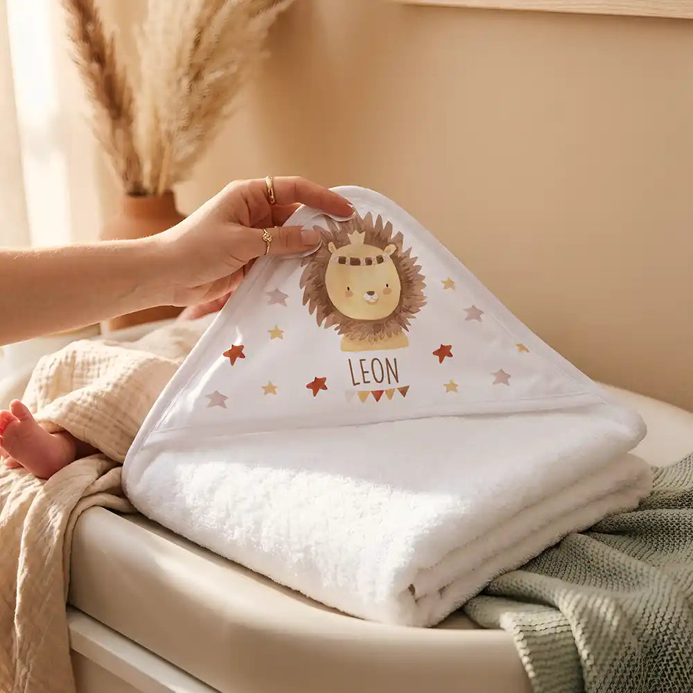 Personalisiertes Kapuzenhandtuch Baby Löwe Krone â Detail der bedruckbaren Kapuze