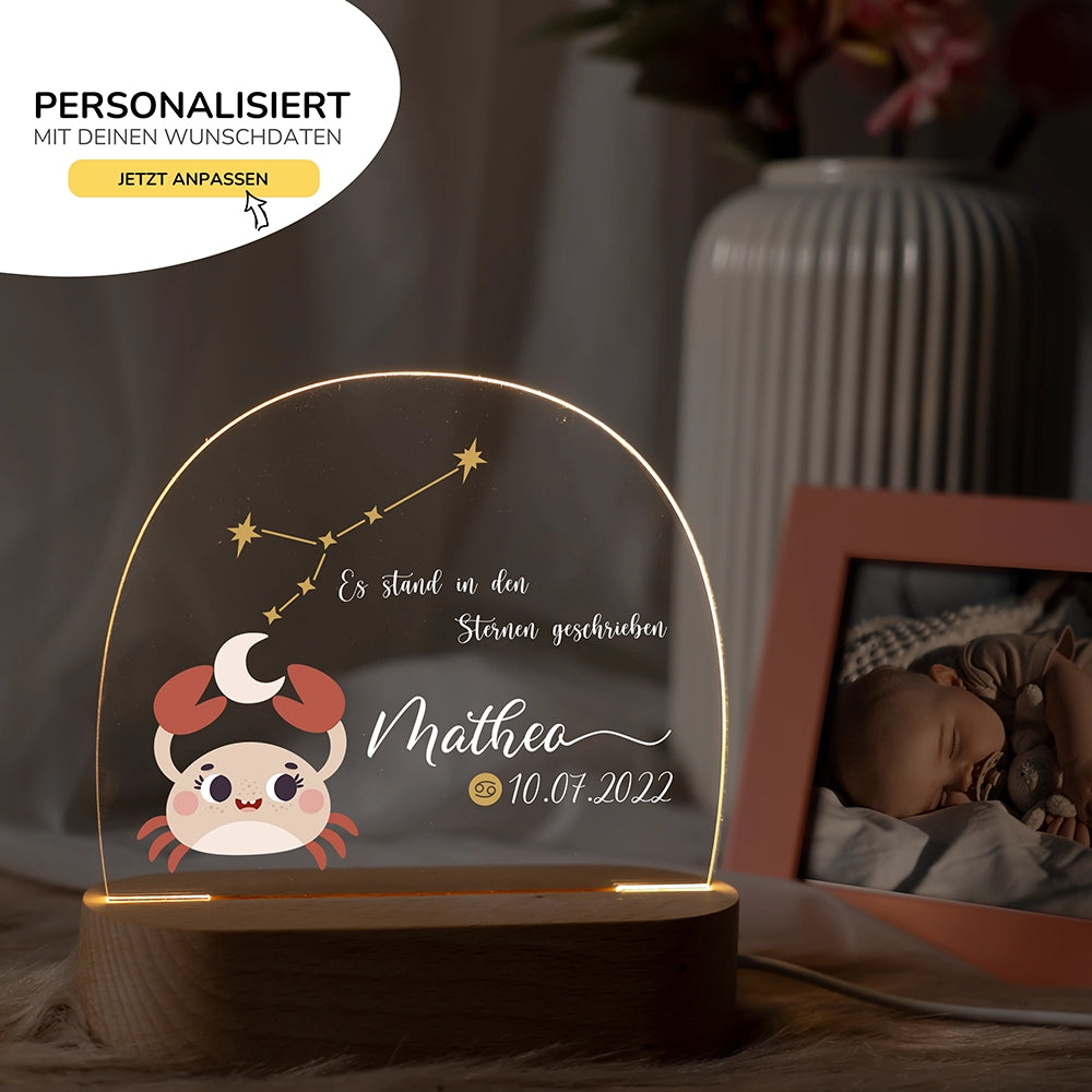 Nachtlicht Sternzeichen Krebs mit Namen im Kinderzimmer â personalisiertes Geschenk zur Geburt