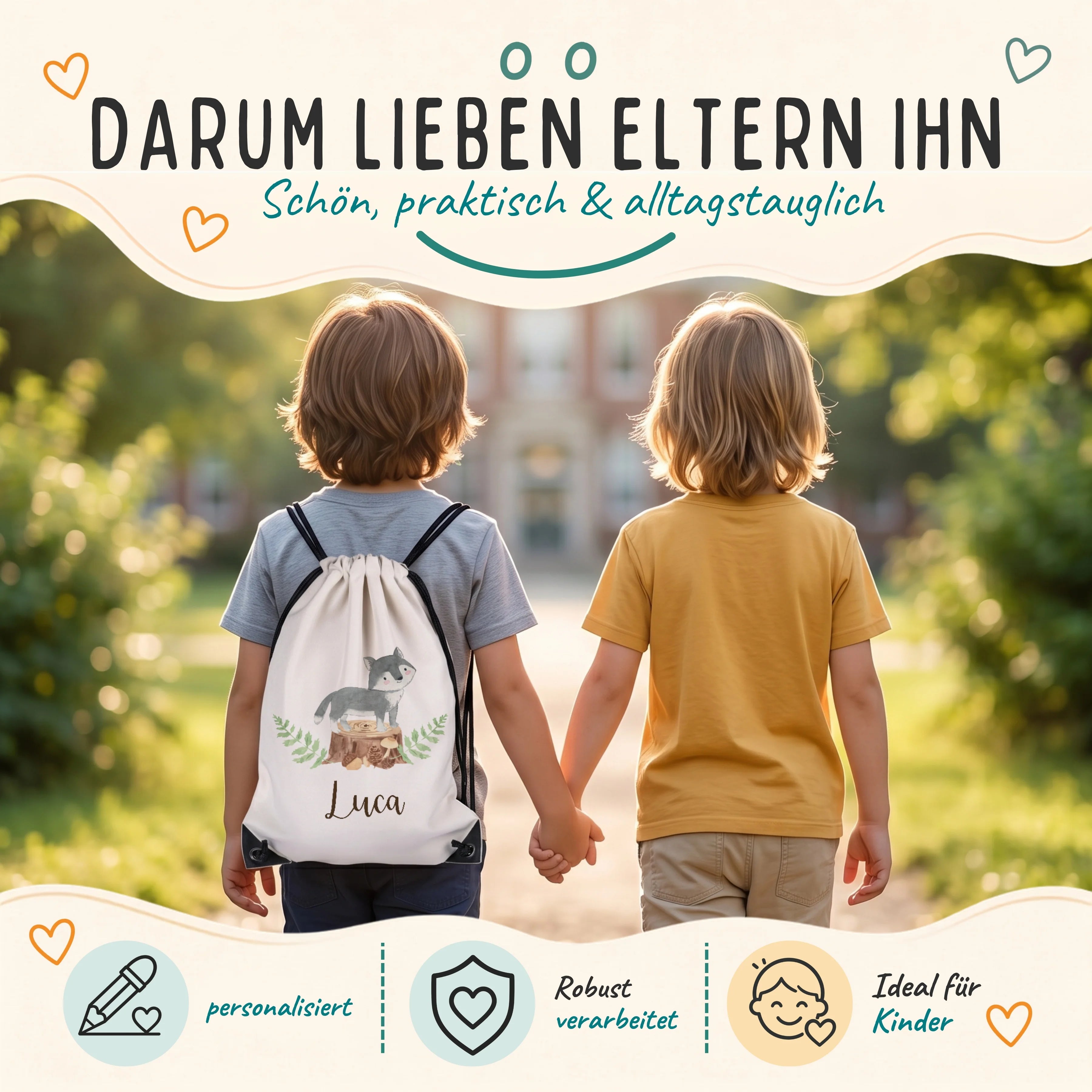 Personalisierter Turnbeutel Wolf, robuster Begleiter für Kita, Schule und Sport