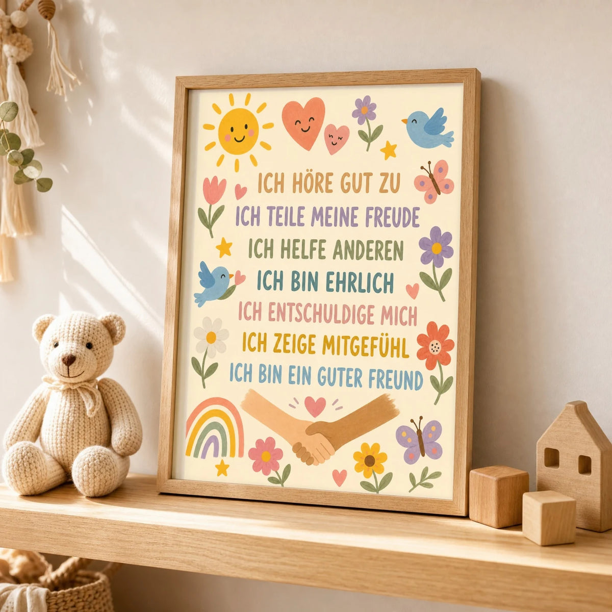 Wandbild Kinderzimmer: Affirmationsposter âBlumenwiese Ich höre zuâ im Holzrahmen ĂŒber der Kommode