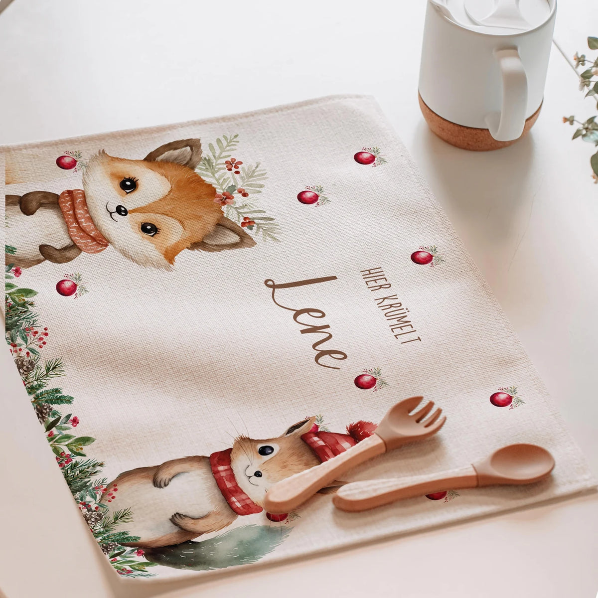 Tischset Kinder personalisiert Weihnachtsmotiv - Tierfreunde im Wald