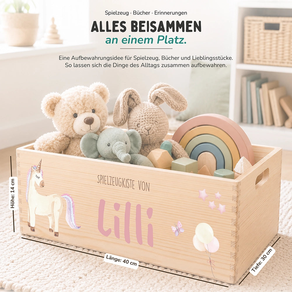 Spielzeugkiste personalisiert mit Namen - Einhornzauber