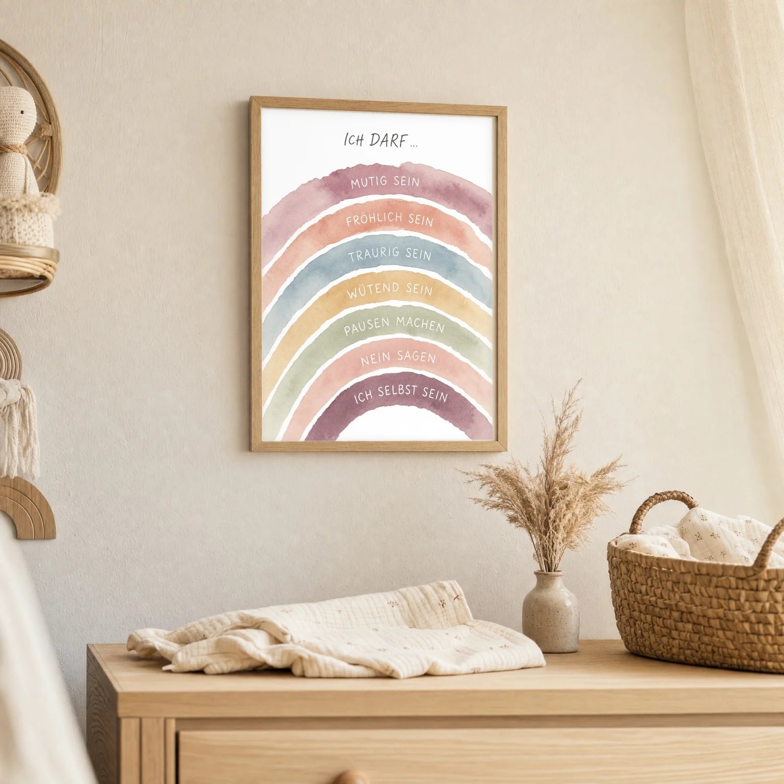 Affirmationsposter Kinderzimmer Regenbogen Ich darf, als Deko mit Holzrahmen