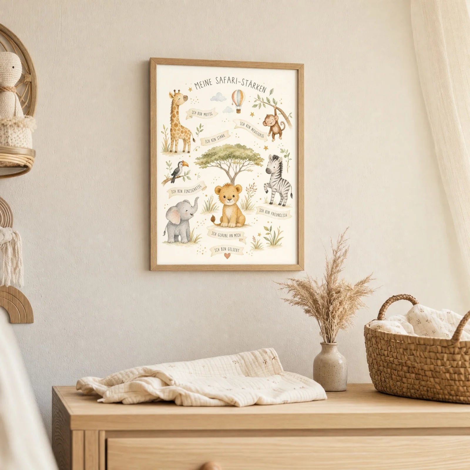 Affirmationsposter Kinderzimmer Safari-StÀrken, als Deko mit Holzrahmen