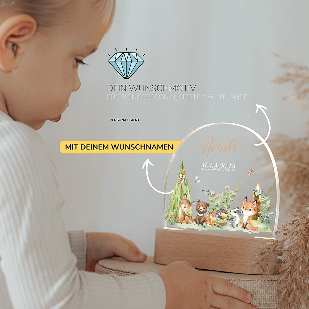Kleinkind mit Nachtlicht Waldtiere mit Wunschnamen – Babygeschenk personalisiert
