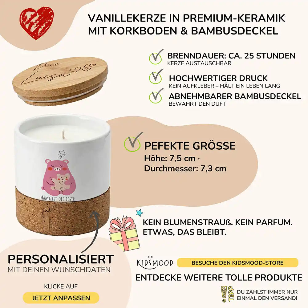 Duftkerze Vanille Keramik BĂ€renmama Kind â brennend am gemĂŒtlichen Abend