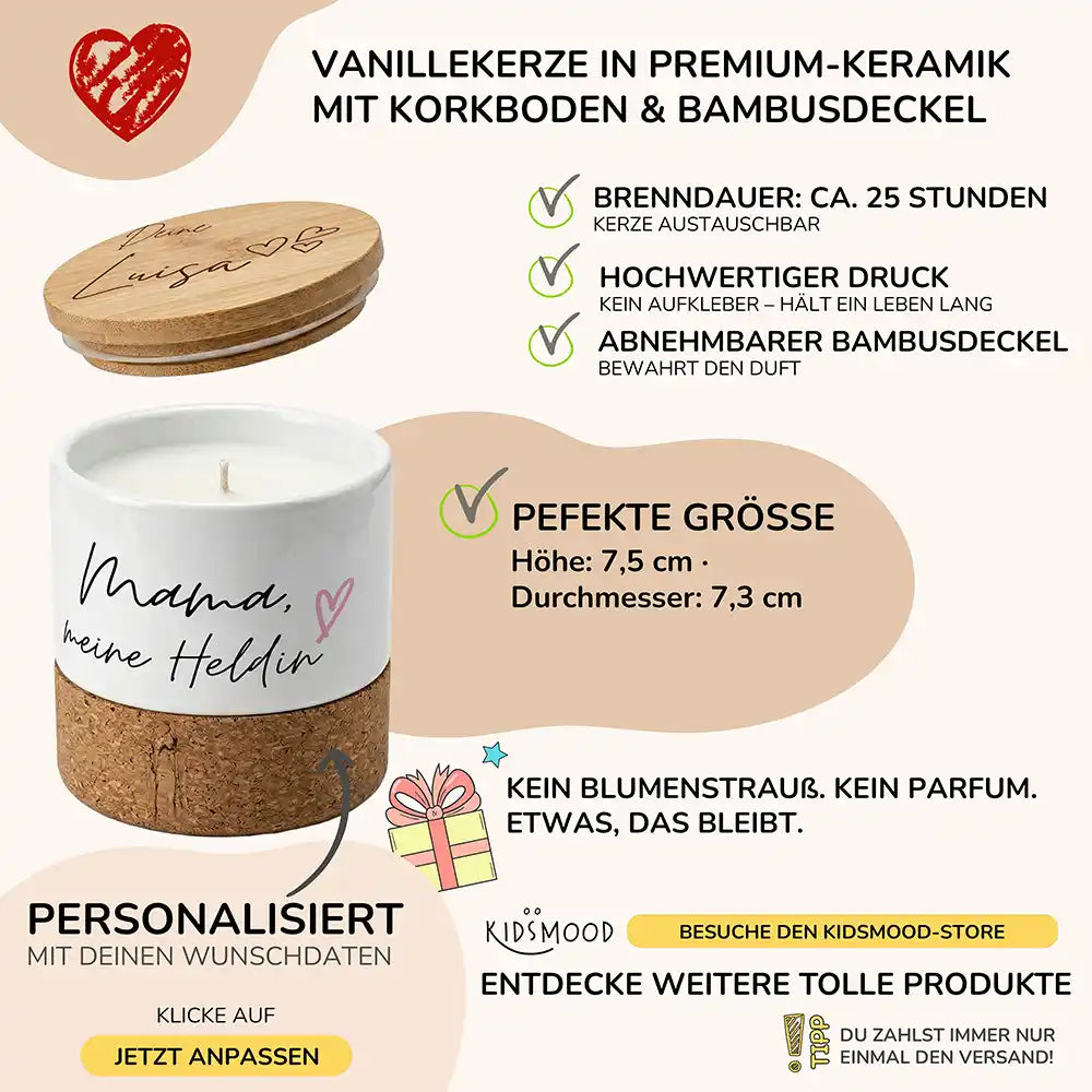Duftkerze Vanille Keramik Mama meine Heldin â brennend am gemĂŒtlichen Abend