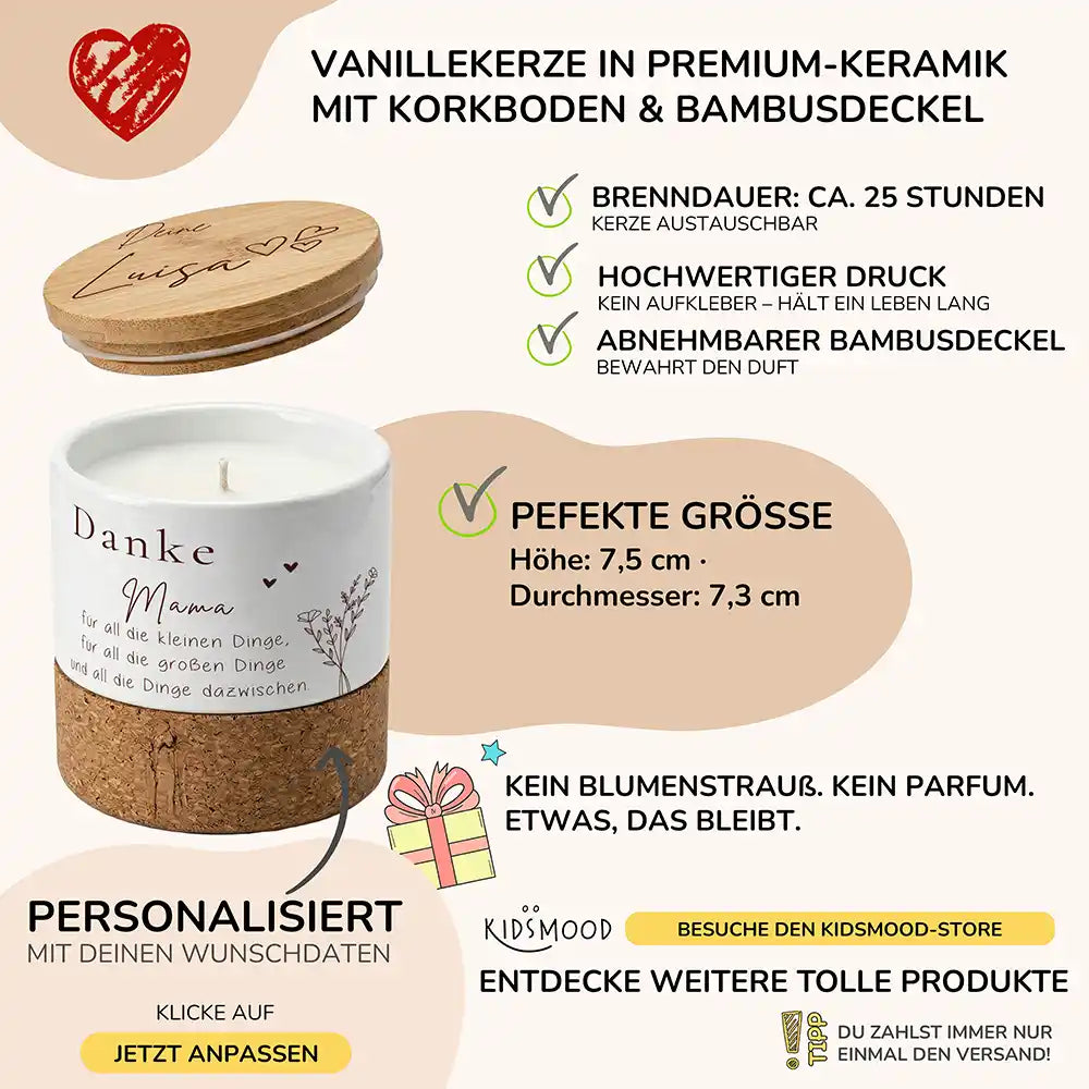 Duftkerze Vanille Keramik Danke Mama Blumenzweig â brennend am gemĂŒtlichen Abend