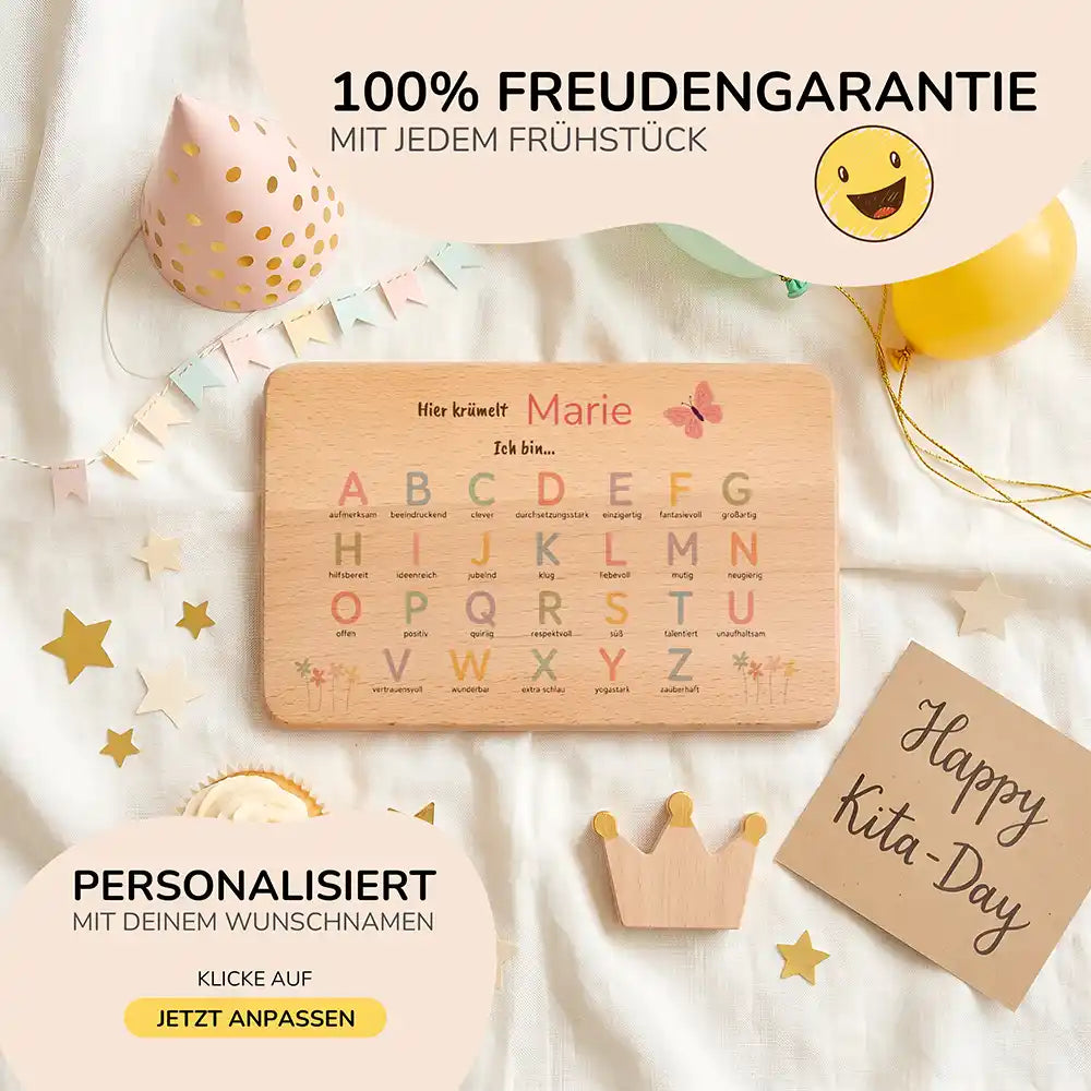 ABC Brettchen Kinder personalisiert Schmetterling pastell – Geburtstags-Komposition Kita