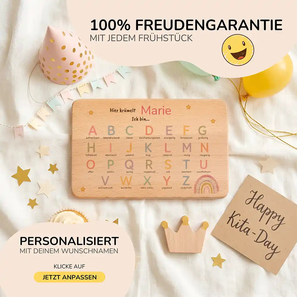 ABC Brettchen Kinder personalisiert Sterne & Regenbogen – Geburtstags-Komposition Kita