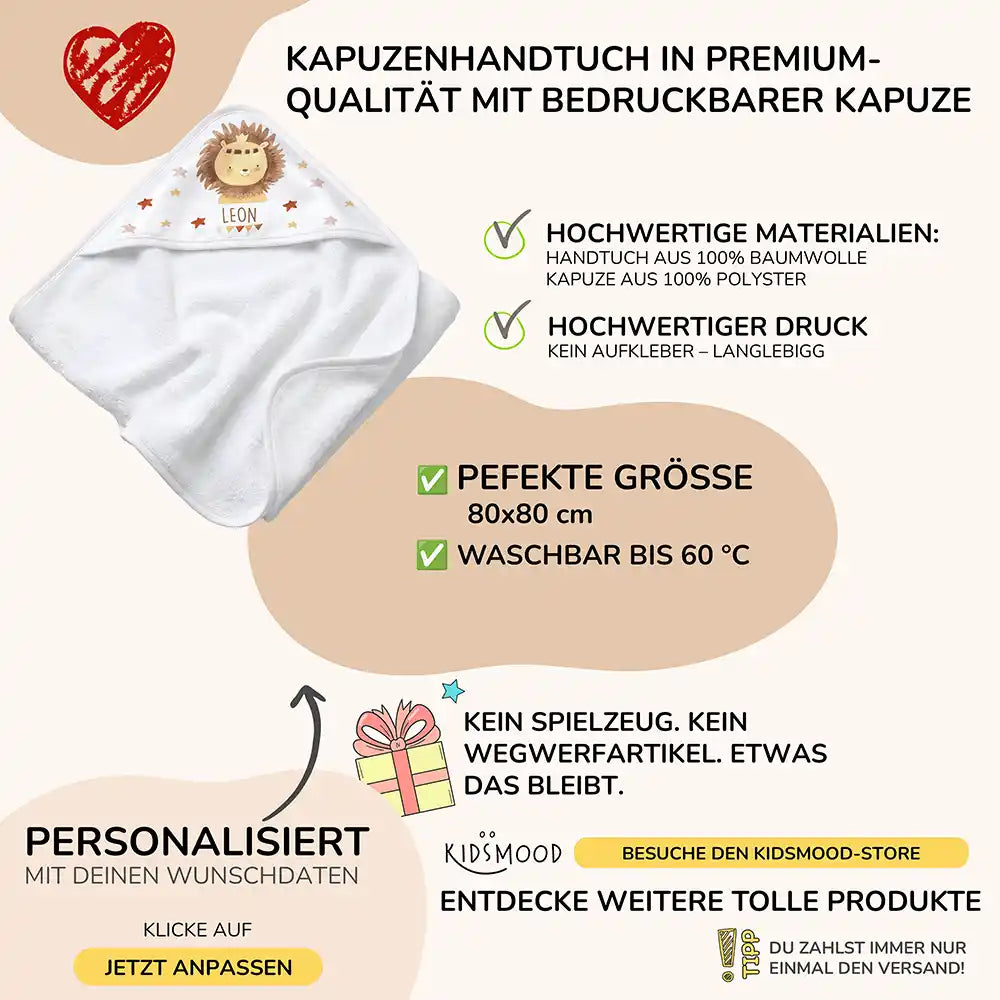 Personalisiertes Kapuzenhandtuch Baby Löwe Krone â Boho-Flatlay mit Palmblatt-Akzent