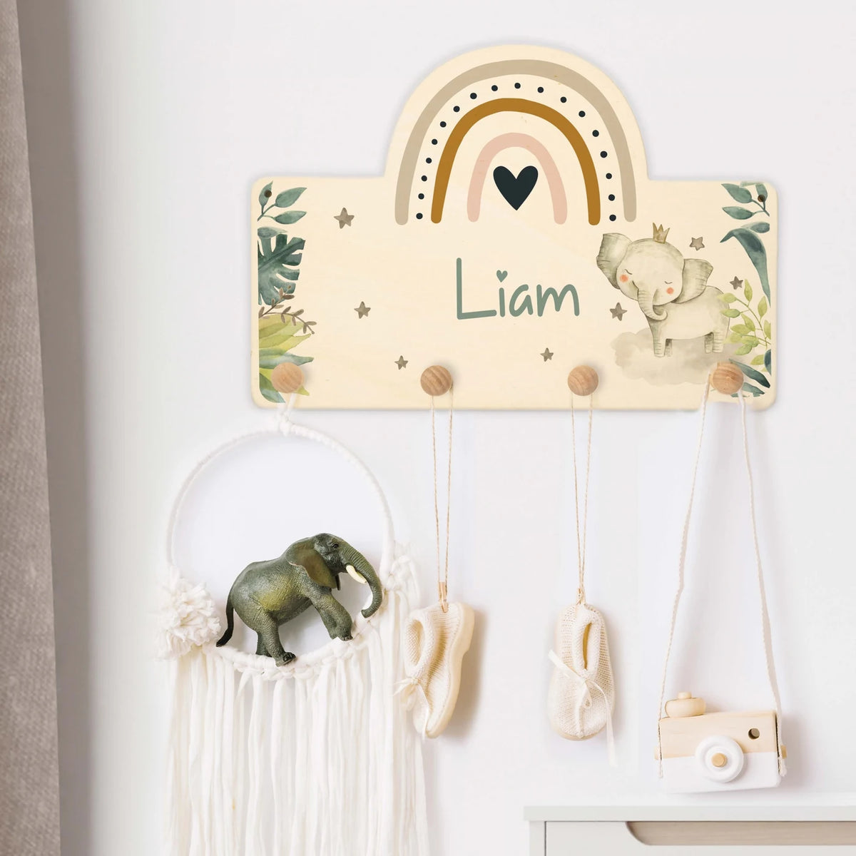Kindergarderobe Holz personalisiert - Elefant