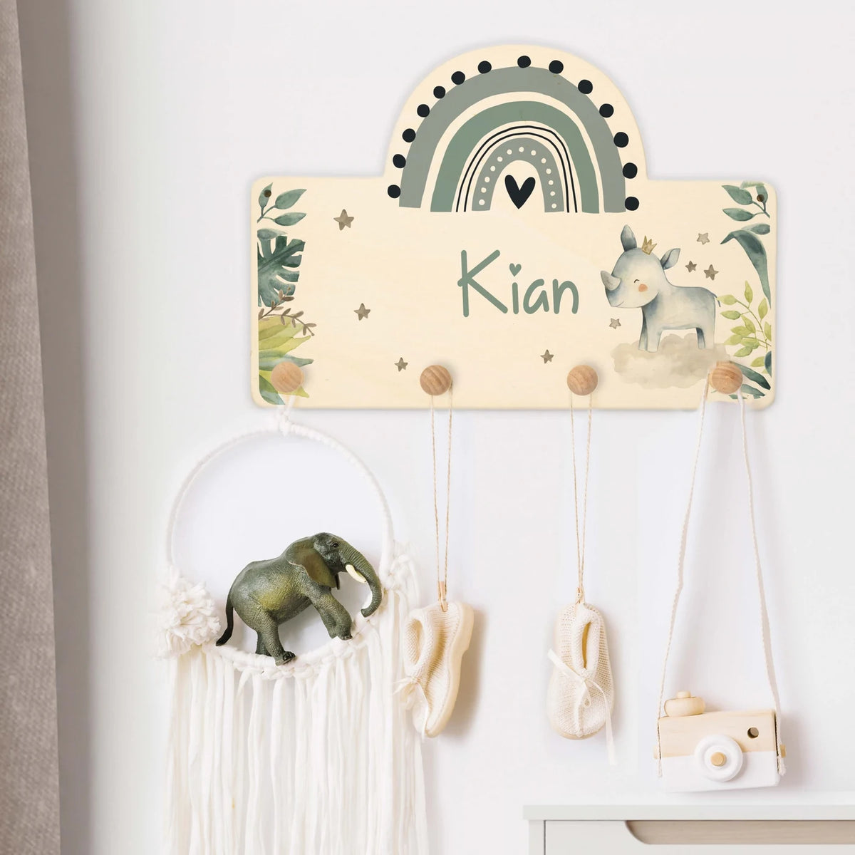 Kindergarderobe Holz personalisiert - Nashorn