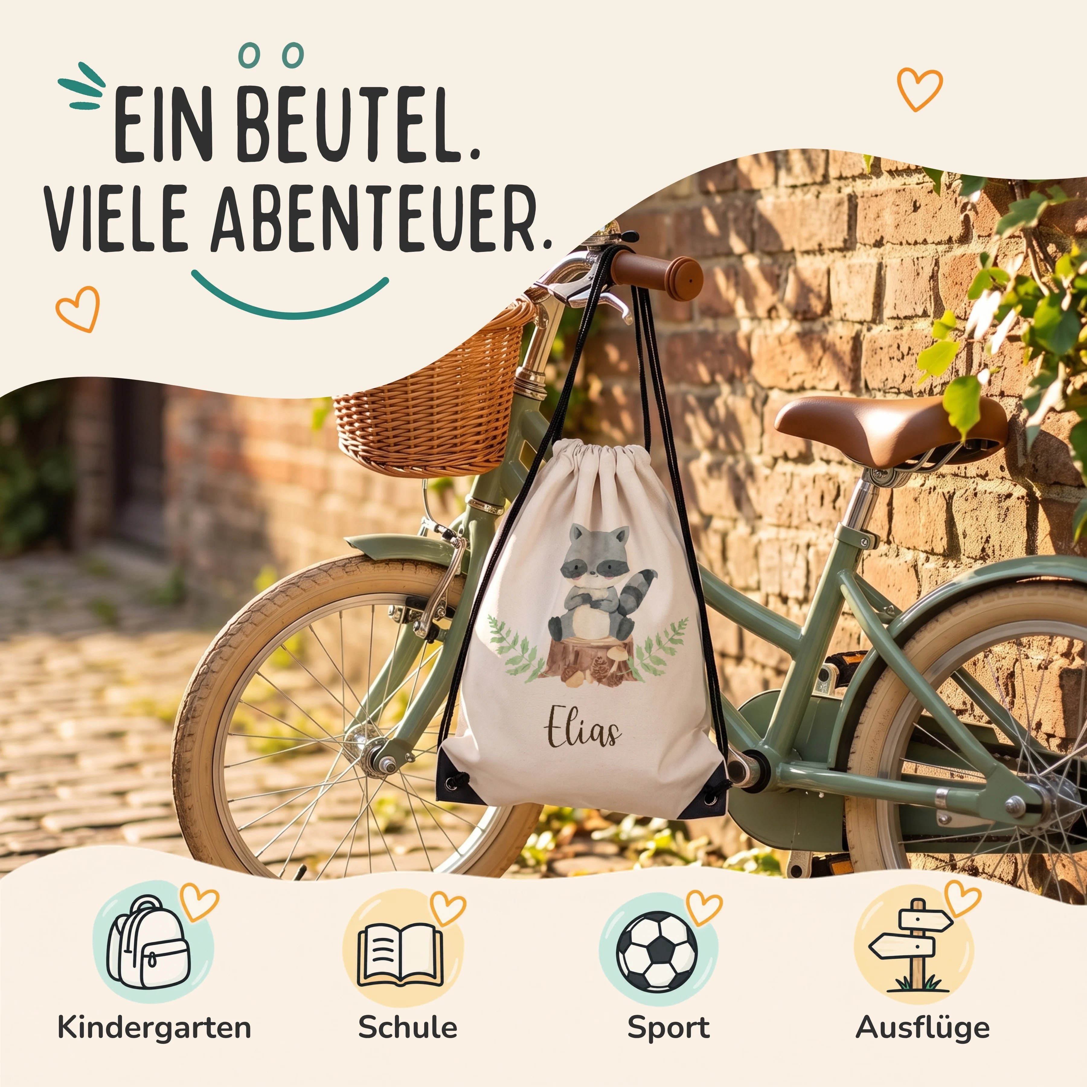 Personalisierter Turnbeutel WaschbĂ€r, Sportbeutel fĂŒr Kindergarten, Schule, Sport und AusflĂŒge