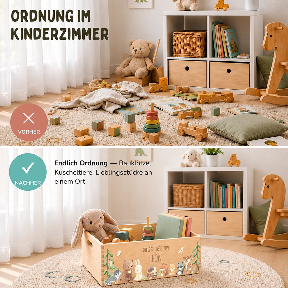 Spielzeugkiste personalisiert mit Namen - niedliche Waldtiere