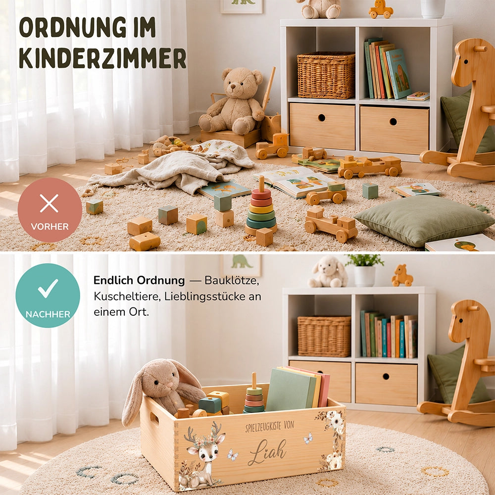 Spielzeugkiste personalisiert mit Namen - Baby Reh