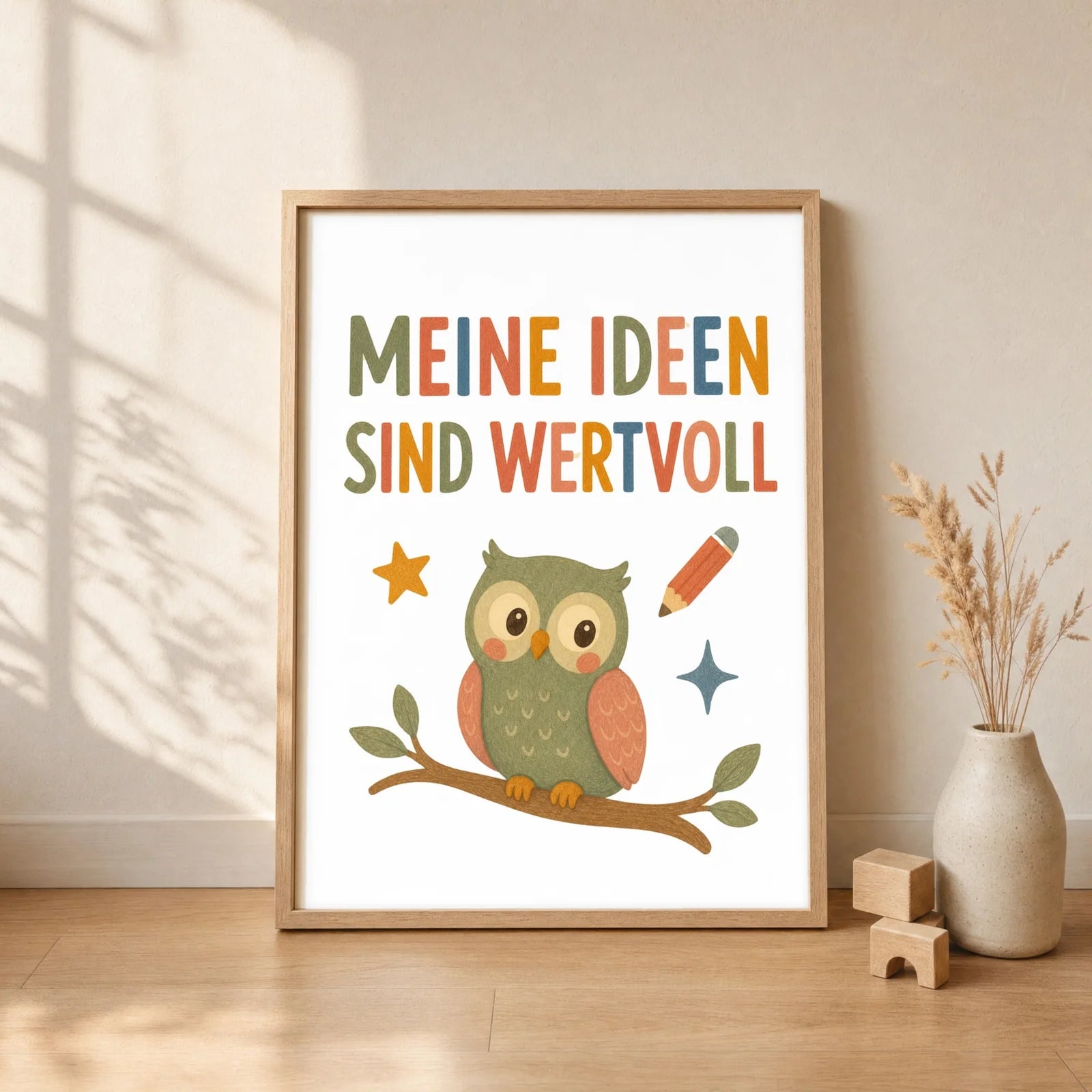 Affirmationsposter Kinderzimmer Eule Meine Ideen sind wertvoll, gerahmt im Format 30 x 40 cm