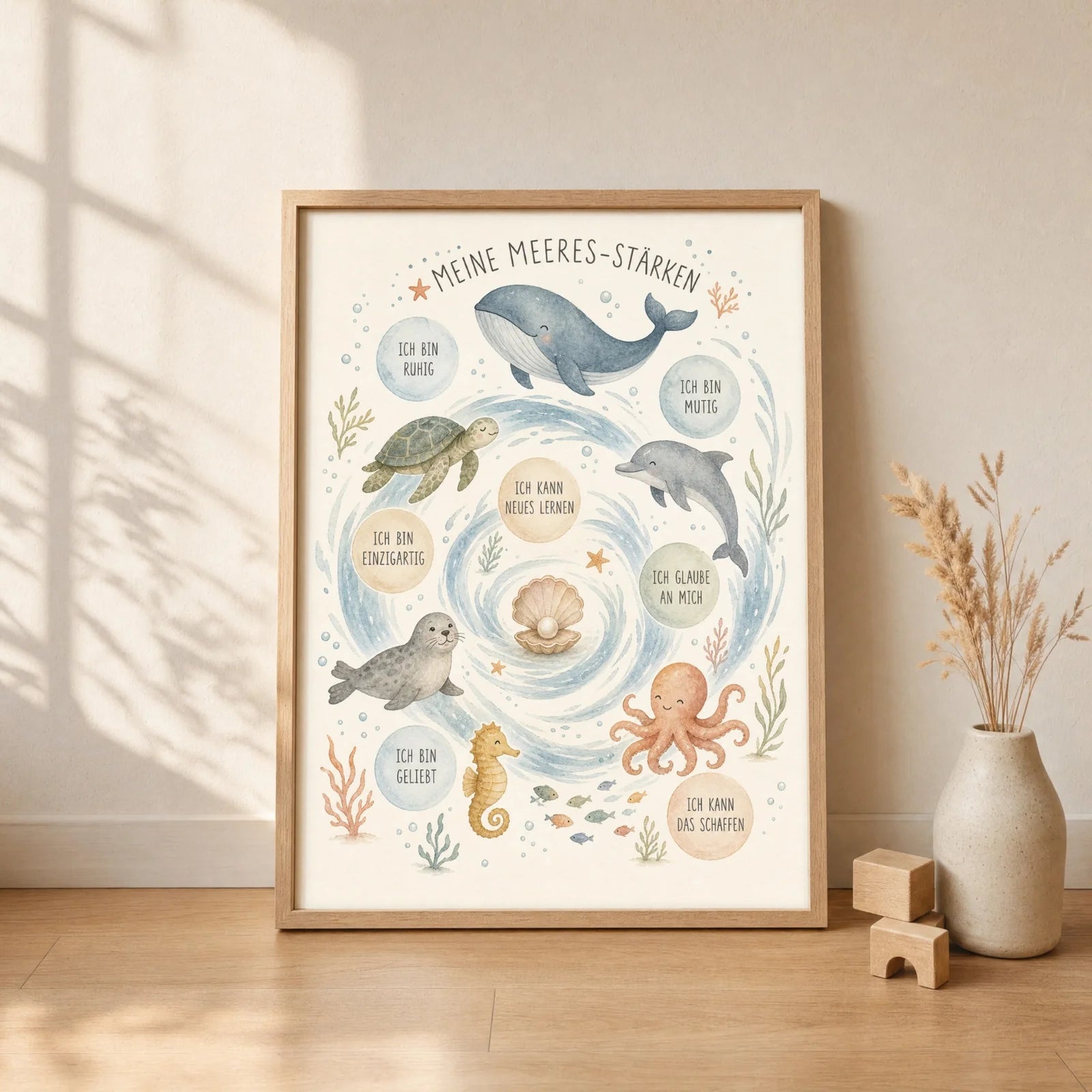 Affirmationsposter Kinderzimmer Meeres-StÀrken, gerahmt im Format 30 x 40 cm