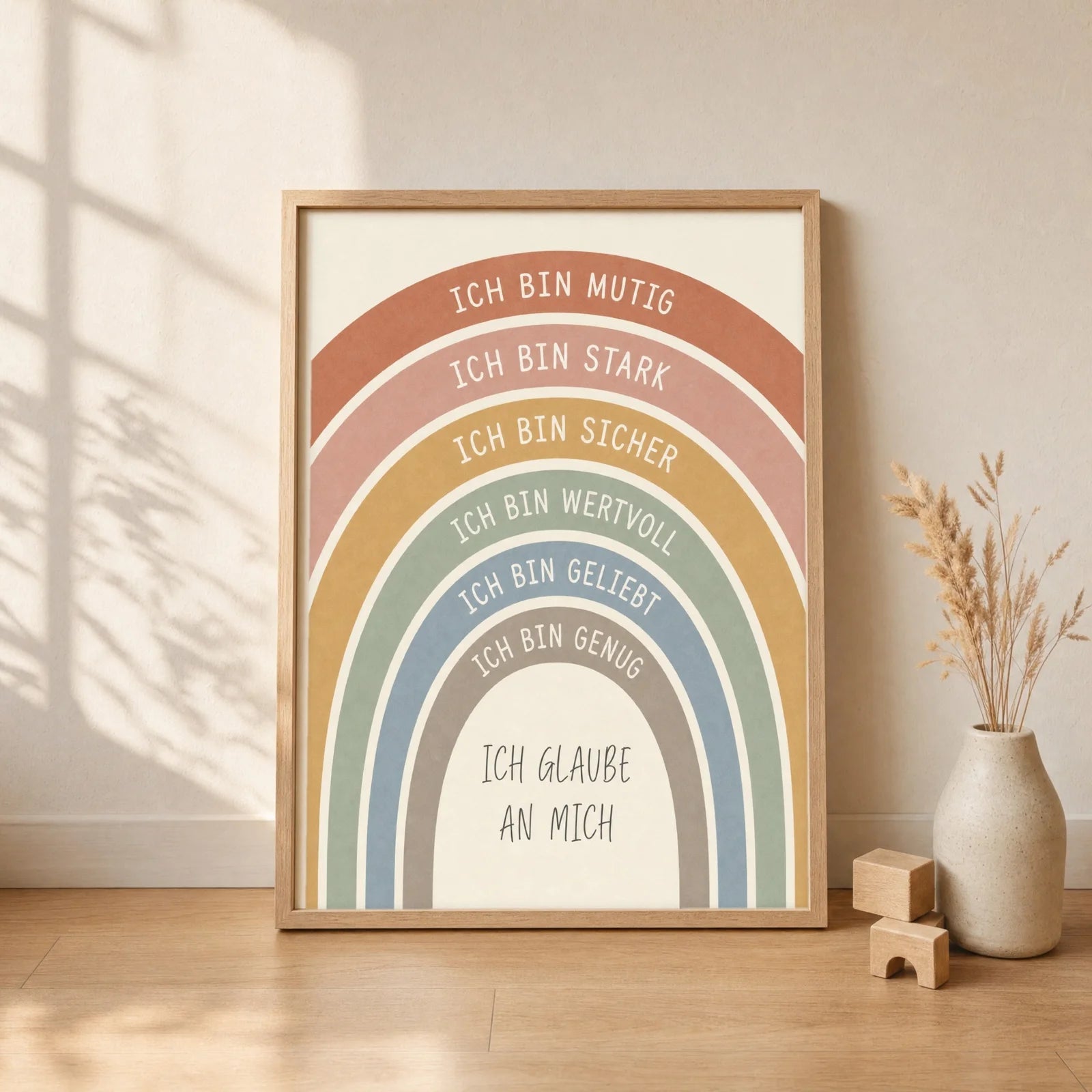 Affirmationsposter Kinderzimmer Regenbogen Creme, gerahmt im Format 30 x 40 cm