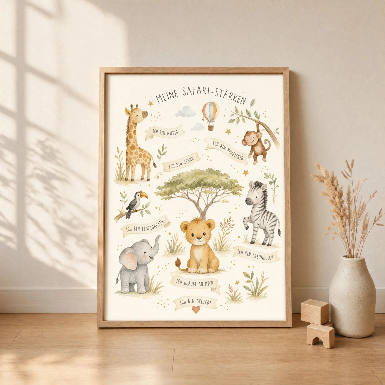 Affirmationsposter Kinderzimmer Safari-StÀrken, gerahmt im Format 30 x 40 cm