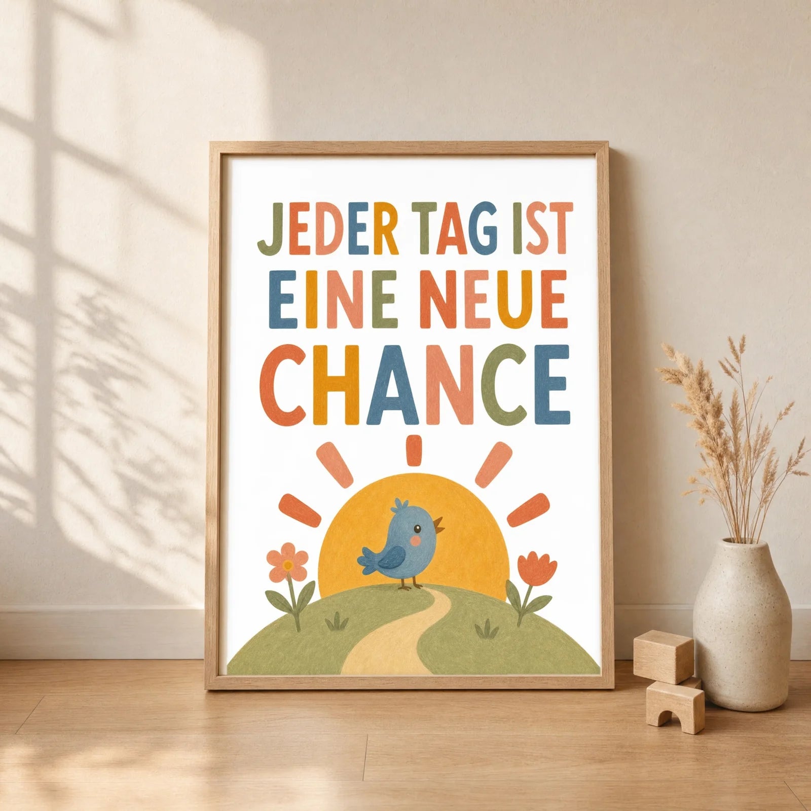 Affirmationsposter Kinderzimmer Vogel Jeder Tag neue Chance, gerahmt im Format 30 x 40 cm