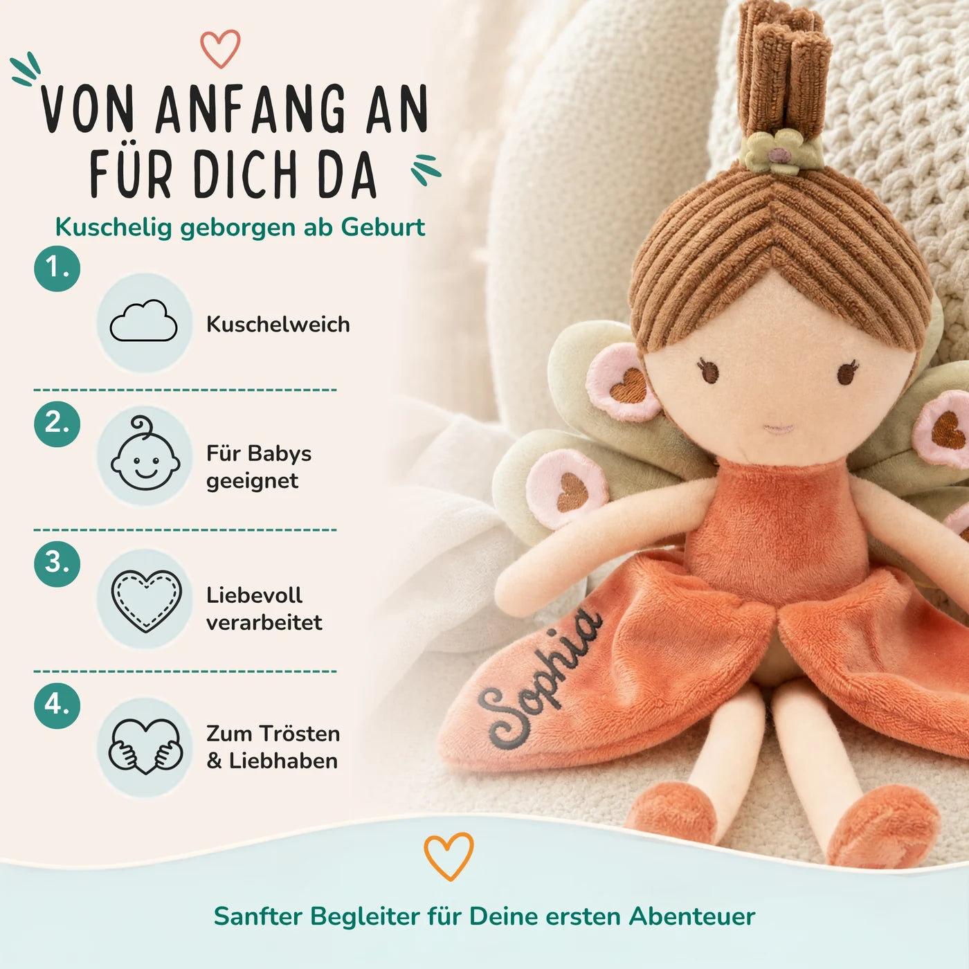 Jollein Stoffpuppe Fee Koralle, für Babys geeignet, zum Kuscheln und Trösten