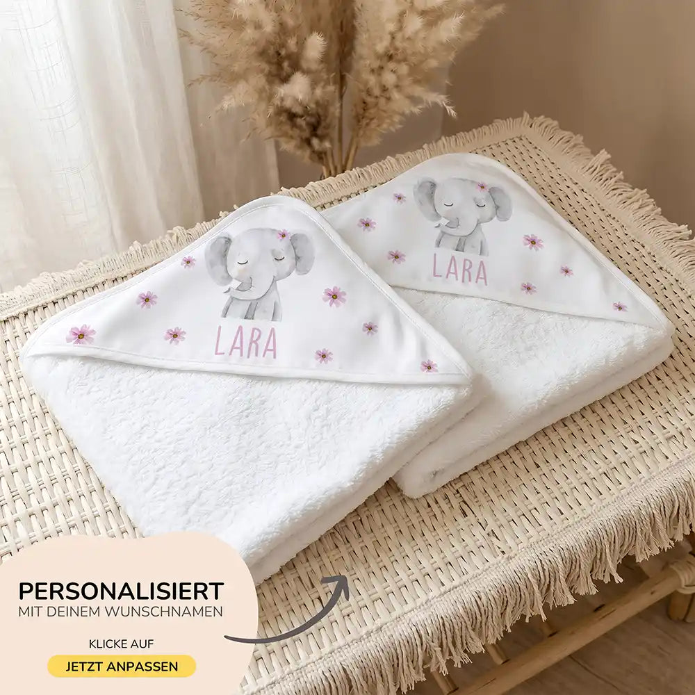 Personalisiertes Kapuzenhandtuch Baby Elefant BlĂŒten â 500 g/qm Baumwoll-Frottee Detail