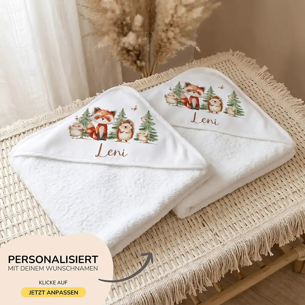 Personalisiertes Kapuzenhandtuch Baby Waldfreunde Tannen â 500 g/qm Baumwoll-Frottee Detail