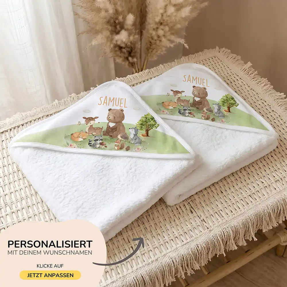 Personalisiertes Kapuzenhandtuch Baby Waldparade â 500 g/qm Baumwoll-Frottee Detail