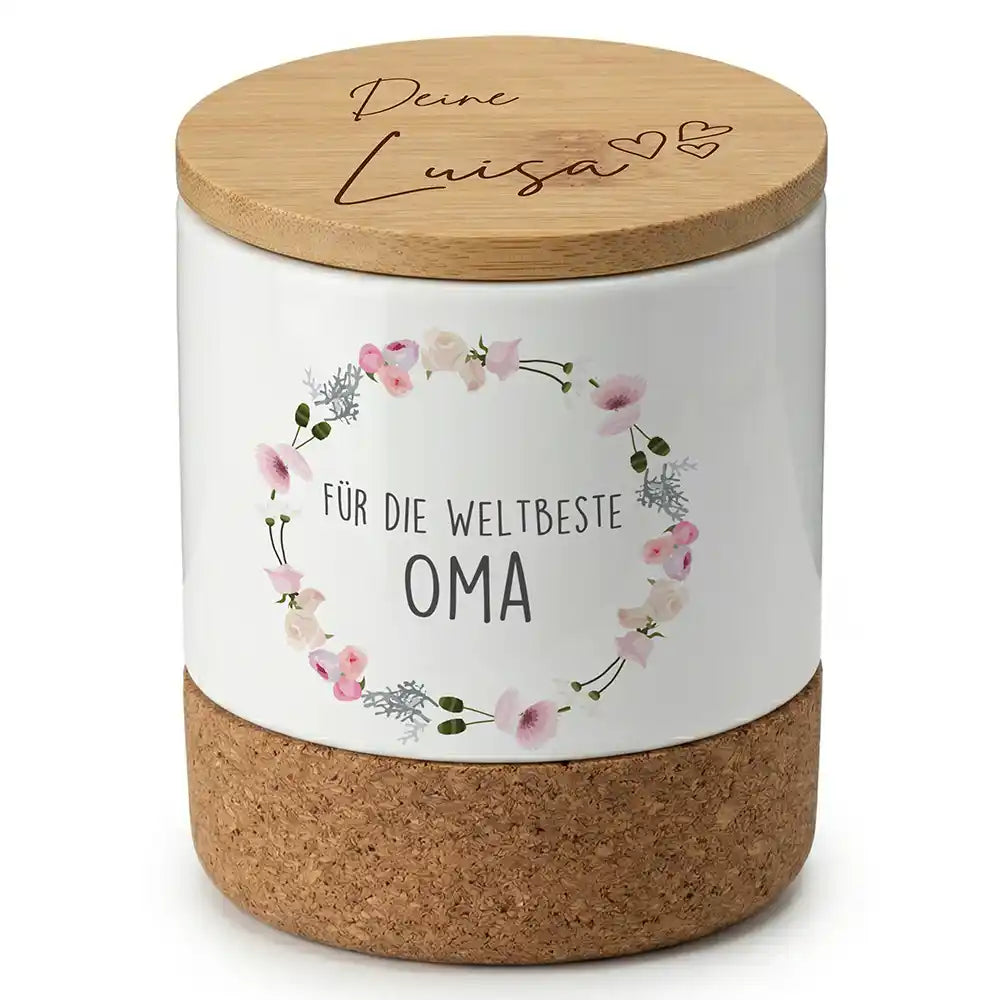 Duftkerze Vanille Keramik Oma Blumenkranz â Dreiviertel-Ansicht Keramikbecher