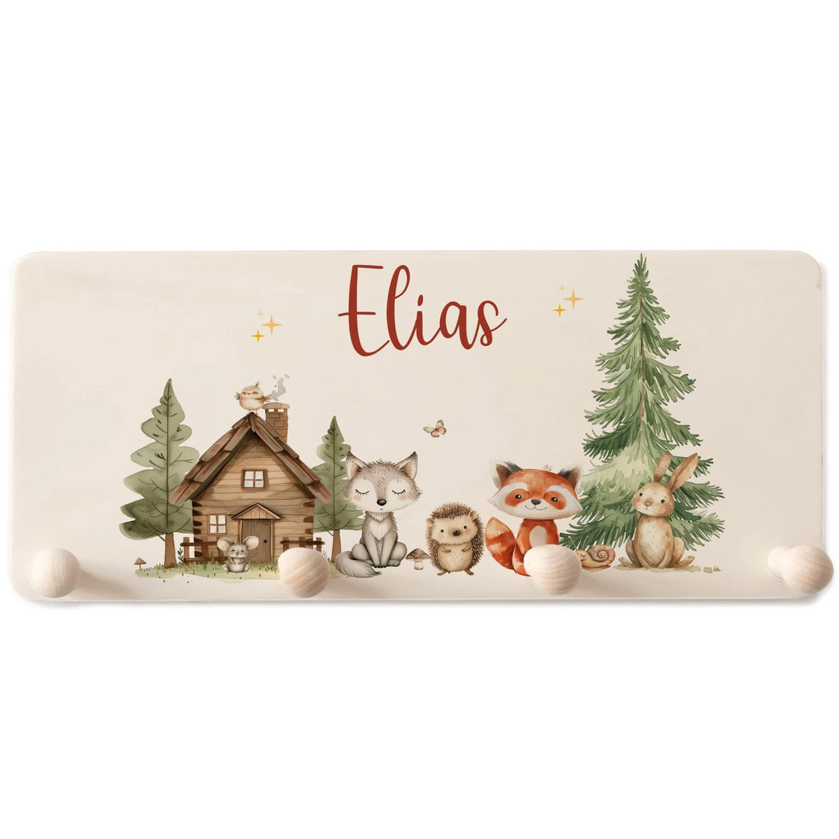 Kindergarderobe Holz personalisiert - fröhliche Waldtiere
