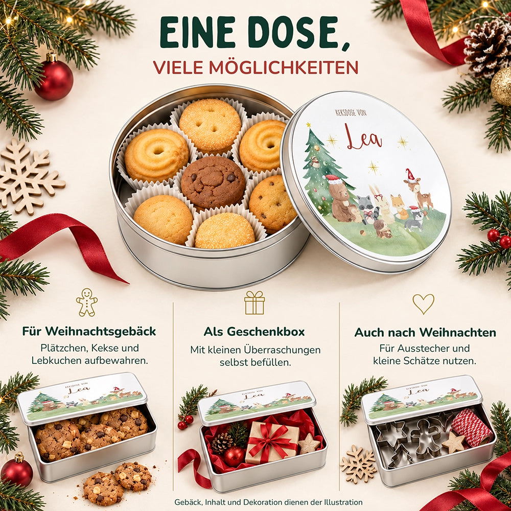 Keksdose aus Metall personalisiert - Kleine Waldbewohner im Weihnachtsglanz