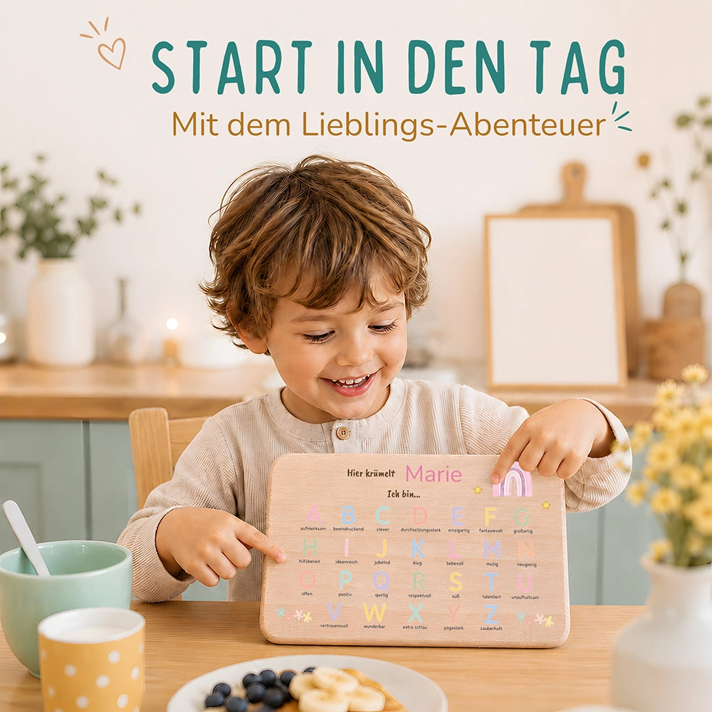 ABC Brettchen Kinder personalisiert – Regenbogen pastell