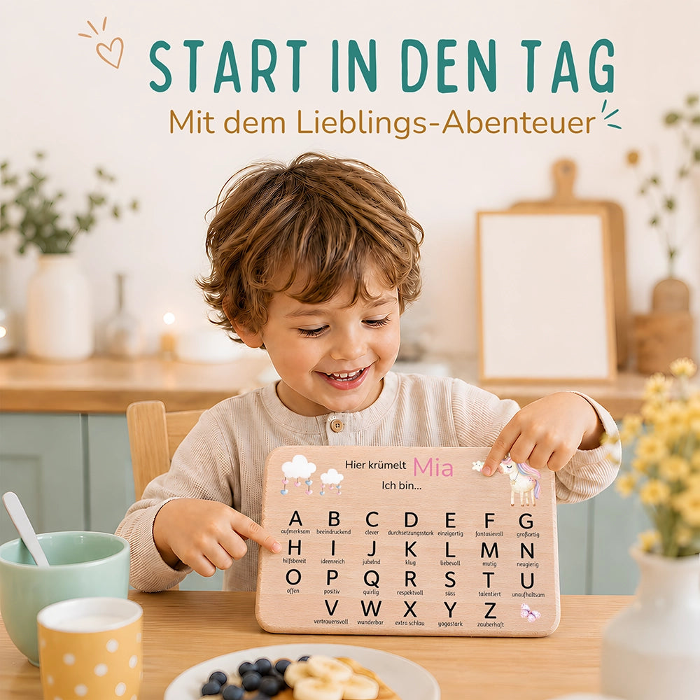 ABC Brettchen Kinder personalisiert – Einhorn mit Musiknoten