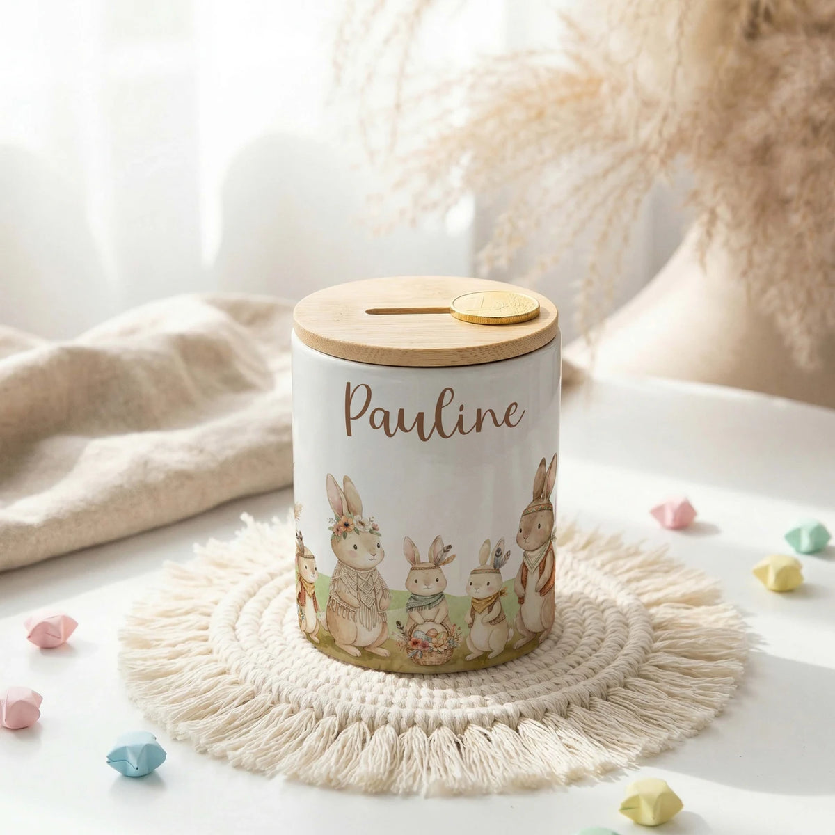 Personalisierte Spardose Boho-Hasen – Keramik & Bambus mit Wunschname
